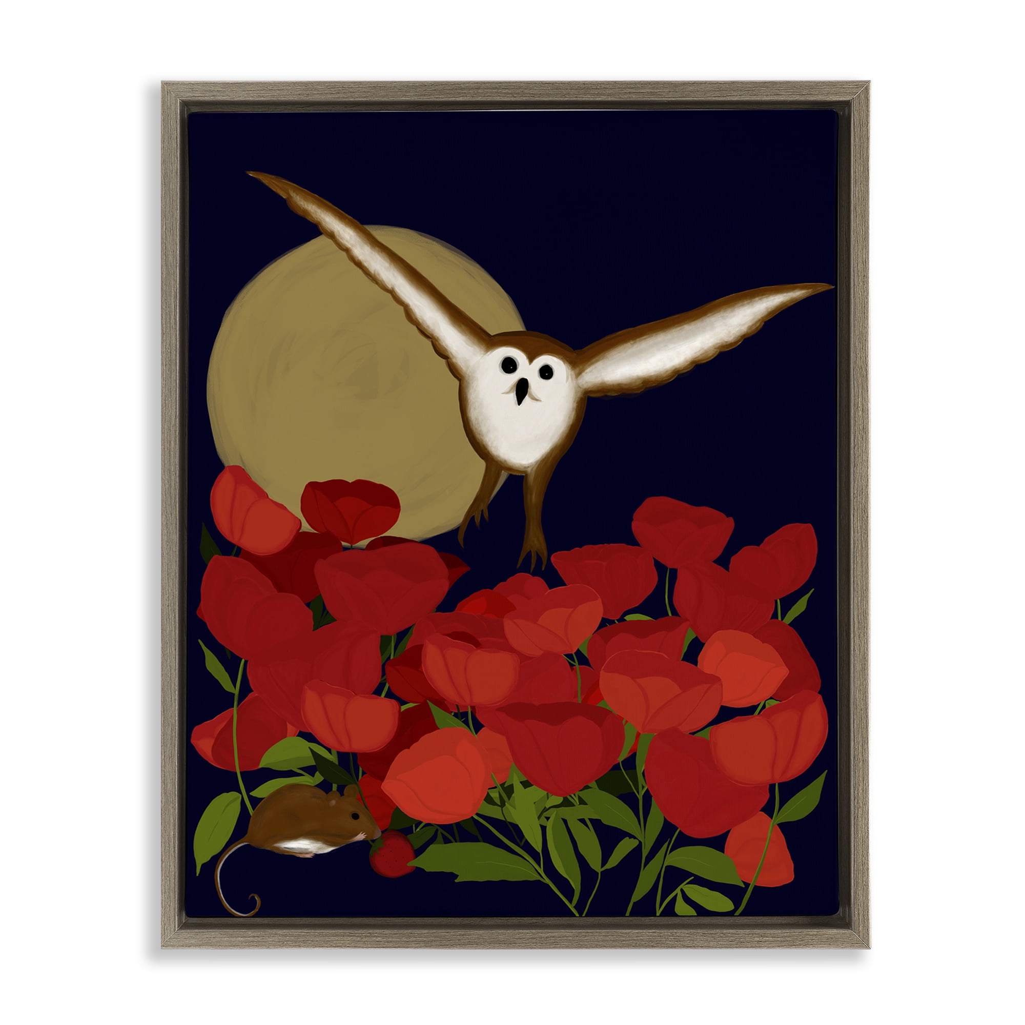 Stupell Industries Owl over Poppy Field Animals Painting Brown Floater Framed Canvas Art Print Wall Art, 17 x 21