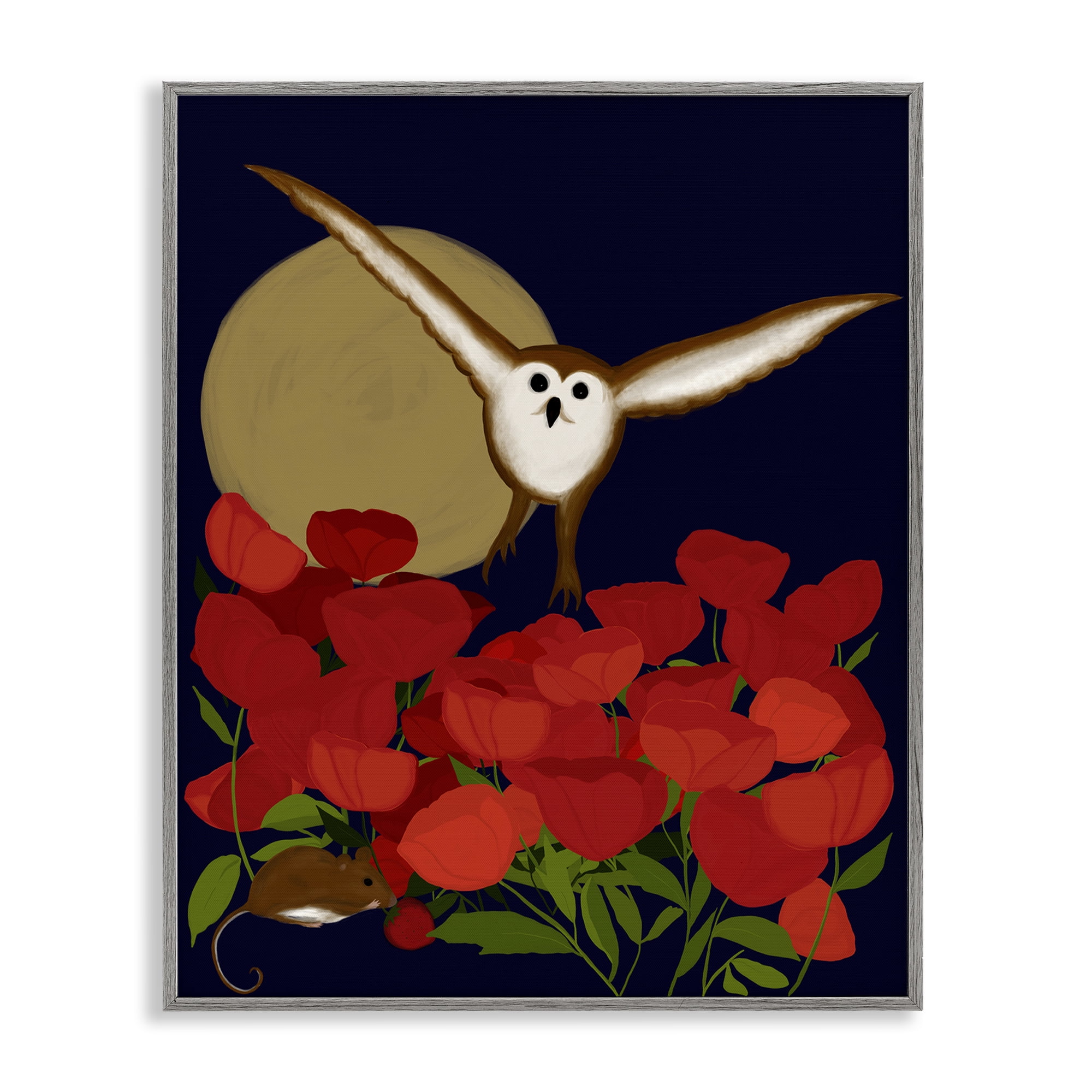 Stupell Industries Owl over Poppy Field Animals Painting Gray Framed Art Print Wall Art, 11 x 14