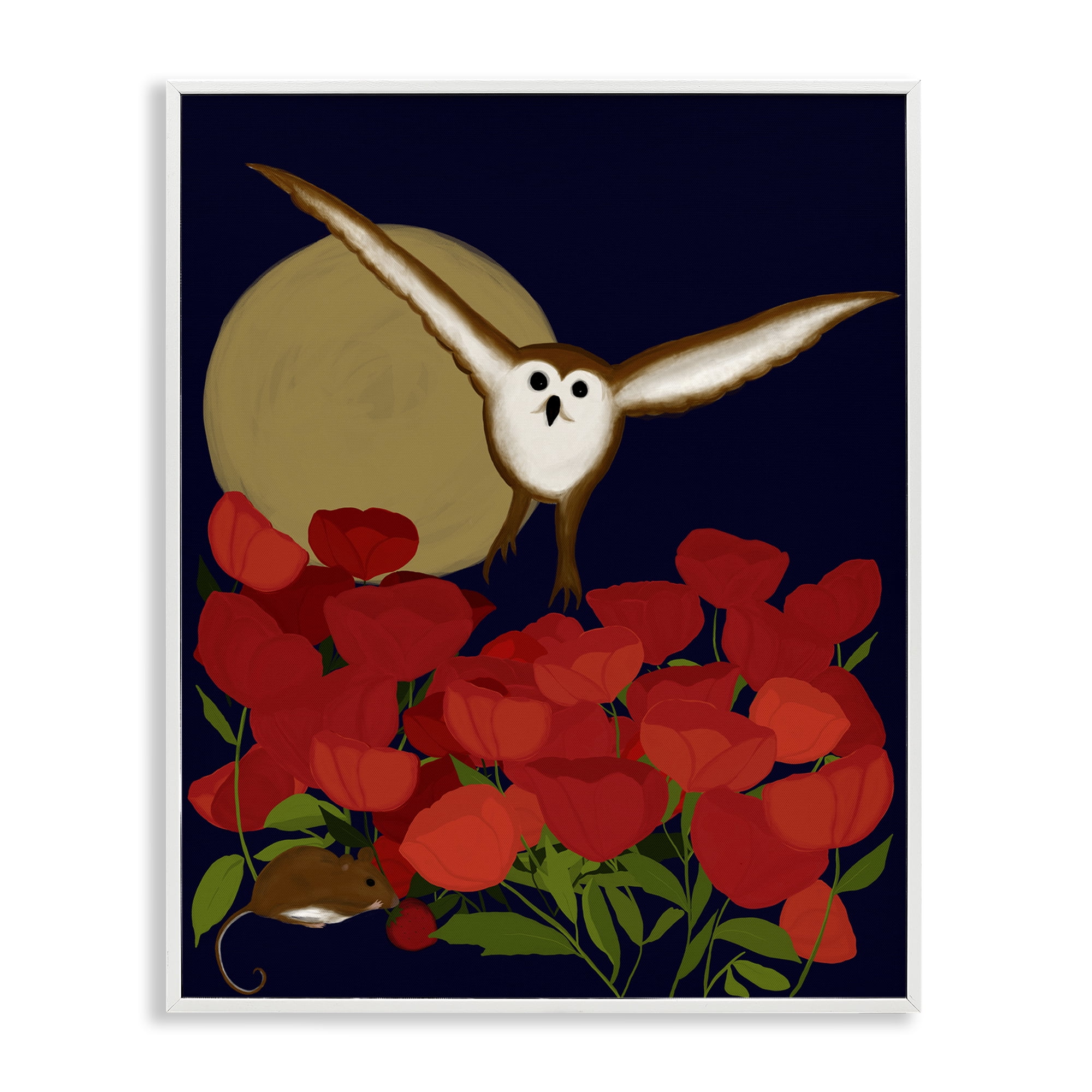 Stupell Industries Owl over Poppy Field Animals Painting White Framed Art Print Wall Art, 11 x 14