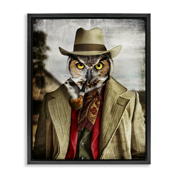 Stupell Industries Owl with Classic Pipe Animals & Insects Painting Black Floater Framed Canvas Art Print Wall Art, 17 x 21