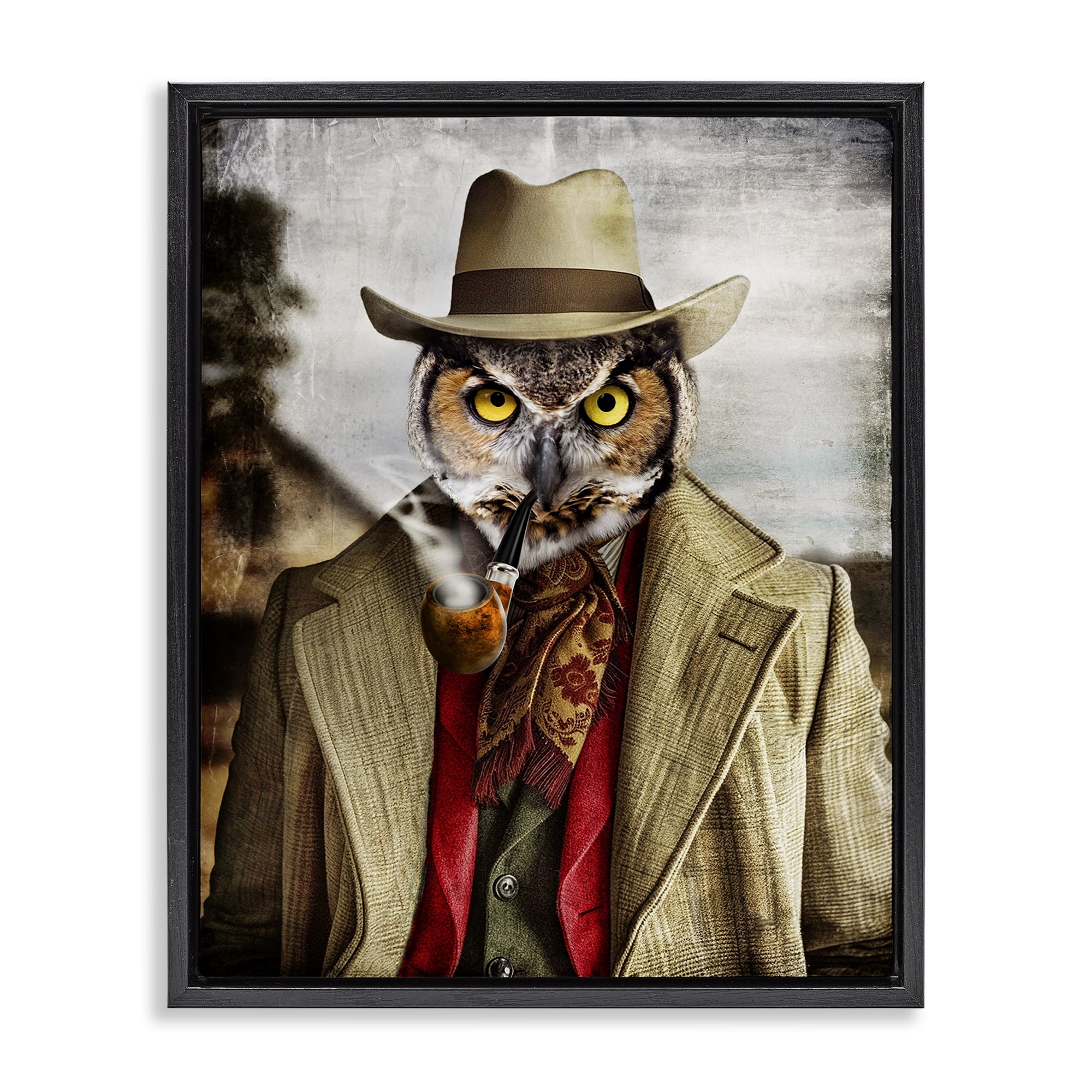 Stupell Industries Owl with Classic Pipe Animals & Insects Painting Black Floater Framed Canvas Art Print Wall Art, 25 x 31