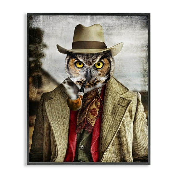 Stupell Industries Owl with Classic Pipe Animals & Insects Painting Black Framed Art Print Wall Art, 11 x 14