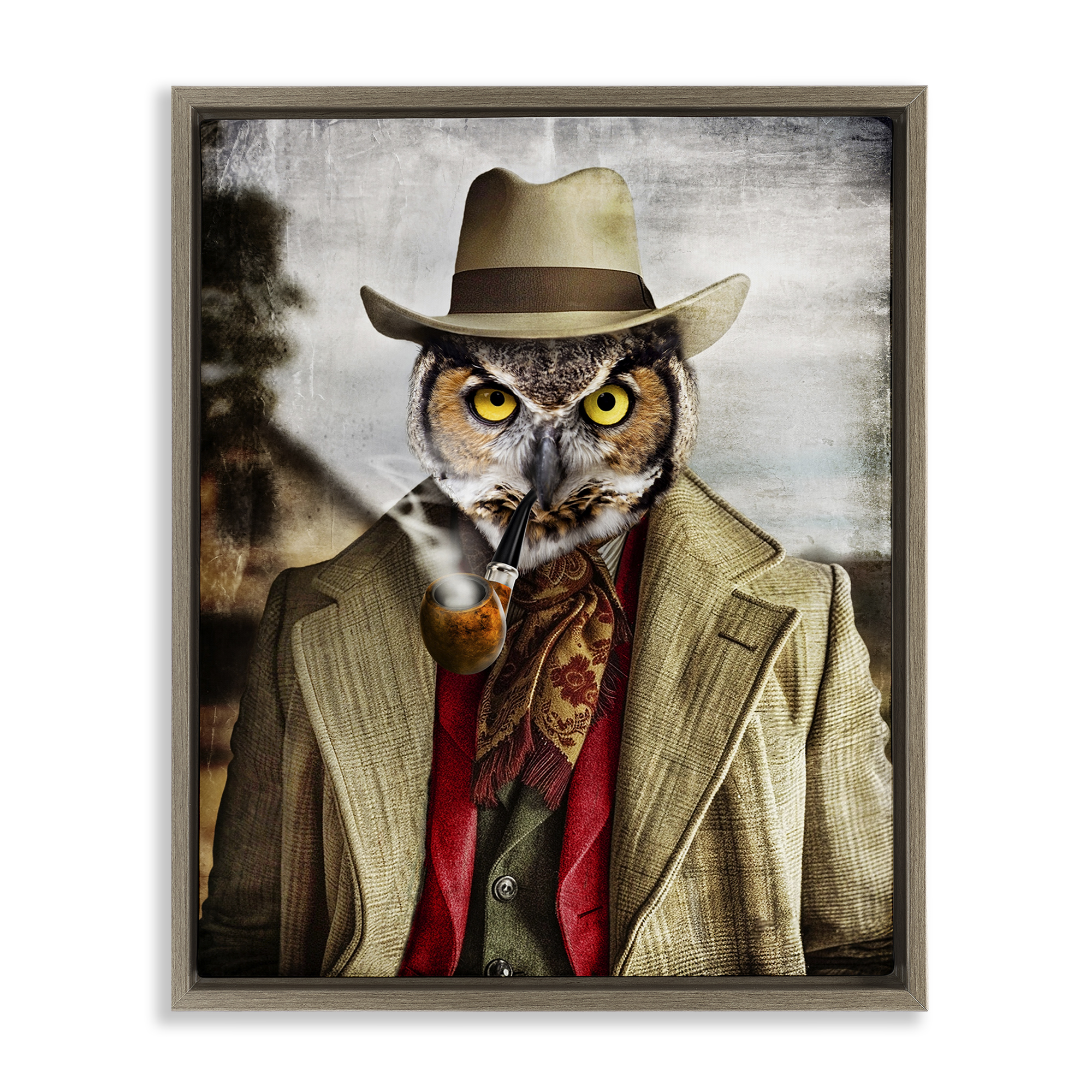 Stupell Industries Owl with Classic Pipe Animals & Insects Painting Brown Floater Framed Canvas Art Print Wall Art, 17 x 21