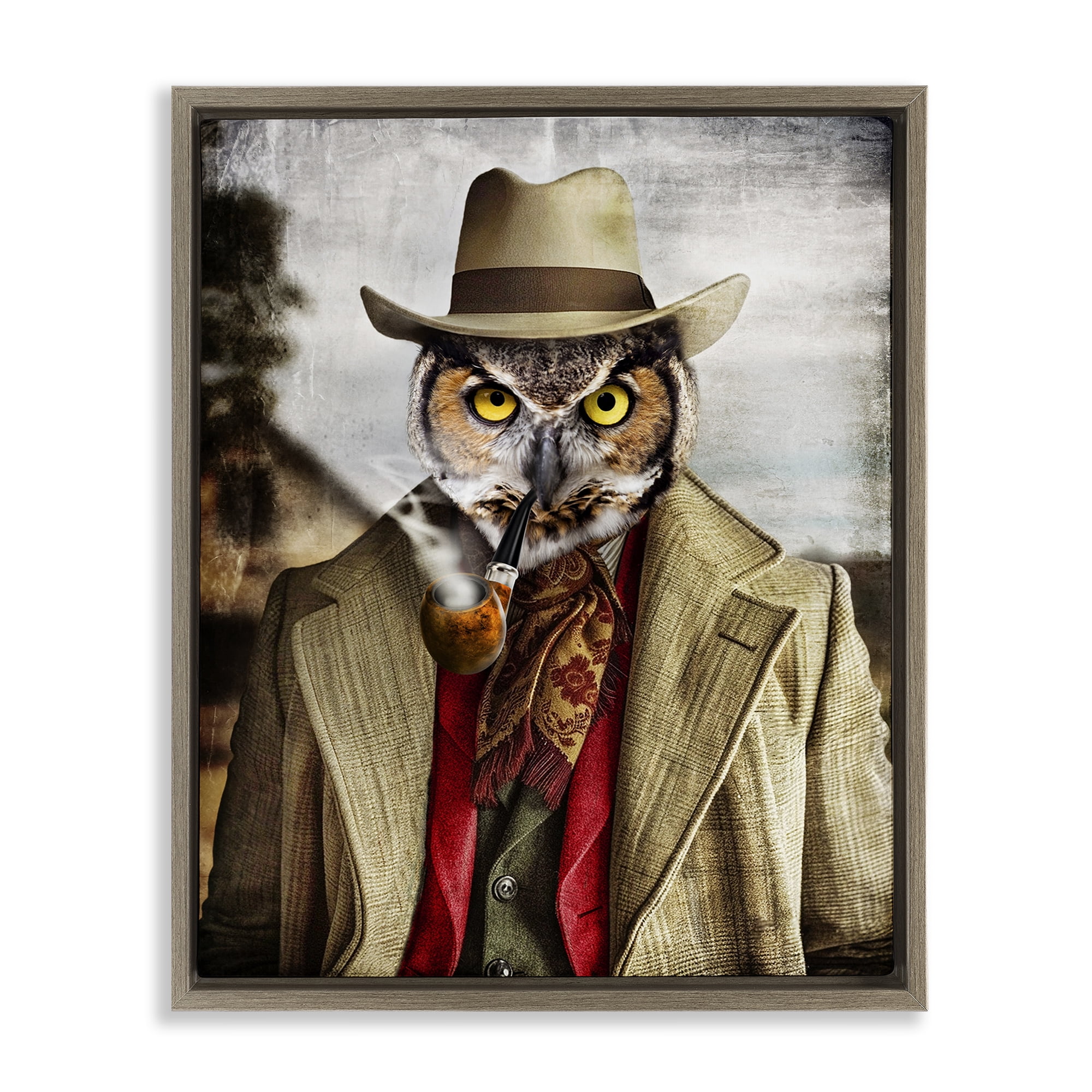 Stupell Industries Owl with Classic Pipe Animals & Insects Painting Brown Floater Framed Canvas Art Print Wall Art, 25 x 31