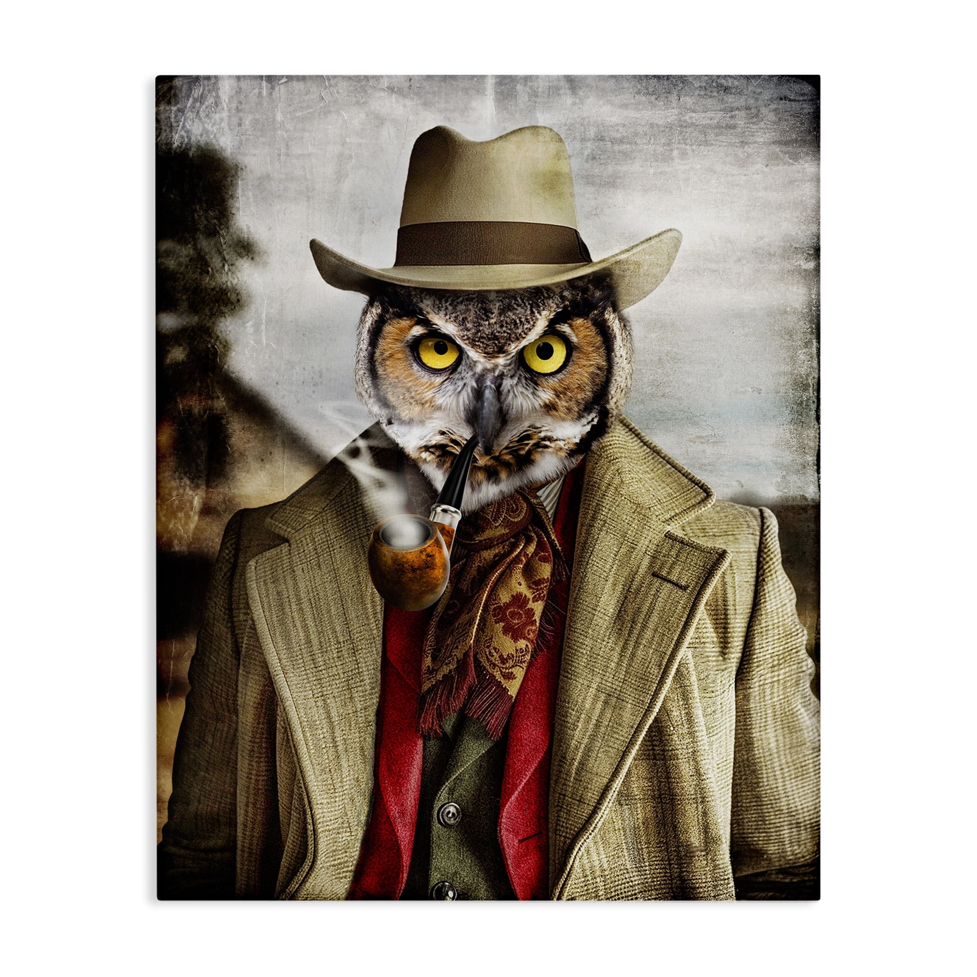 Stupell Industries Owl with Classic Pipe Animals & Insects Painting Gallery Wrapped Canvas Art Print Wall Art, 30 x 40