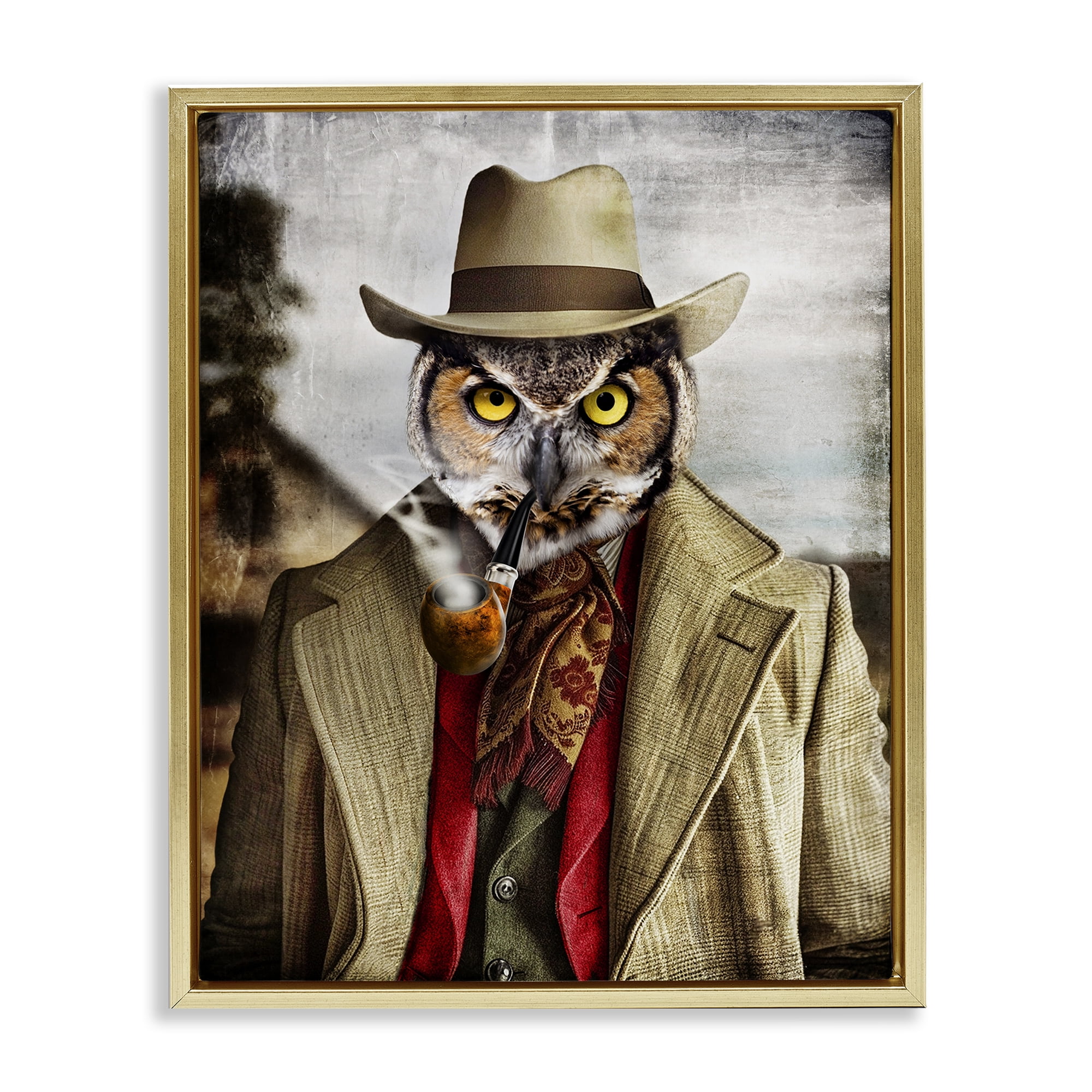 Stupell Industries Owl with Classic Pipe Animals & Insects Painting Gold Floater Framed Canvas Art Print Wall Art, 25 x 31