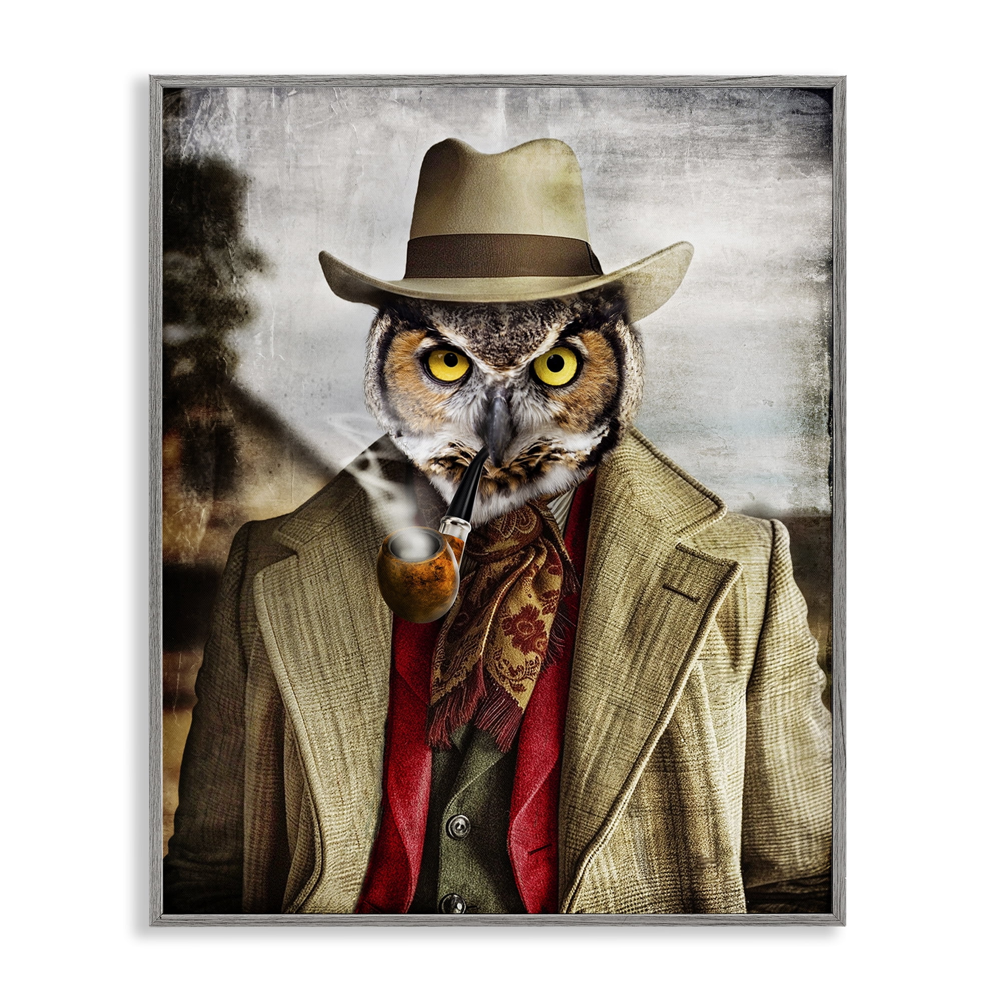 Stupell Industries Owl with Classic Pipe Animals & Insects Painting Gray Framed Art Print Wall Art, 11 x 14