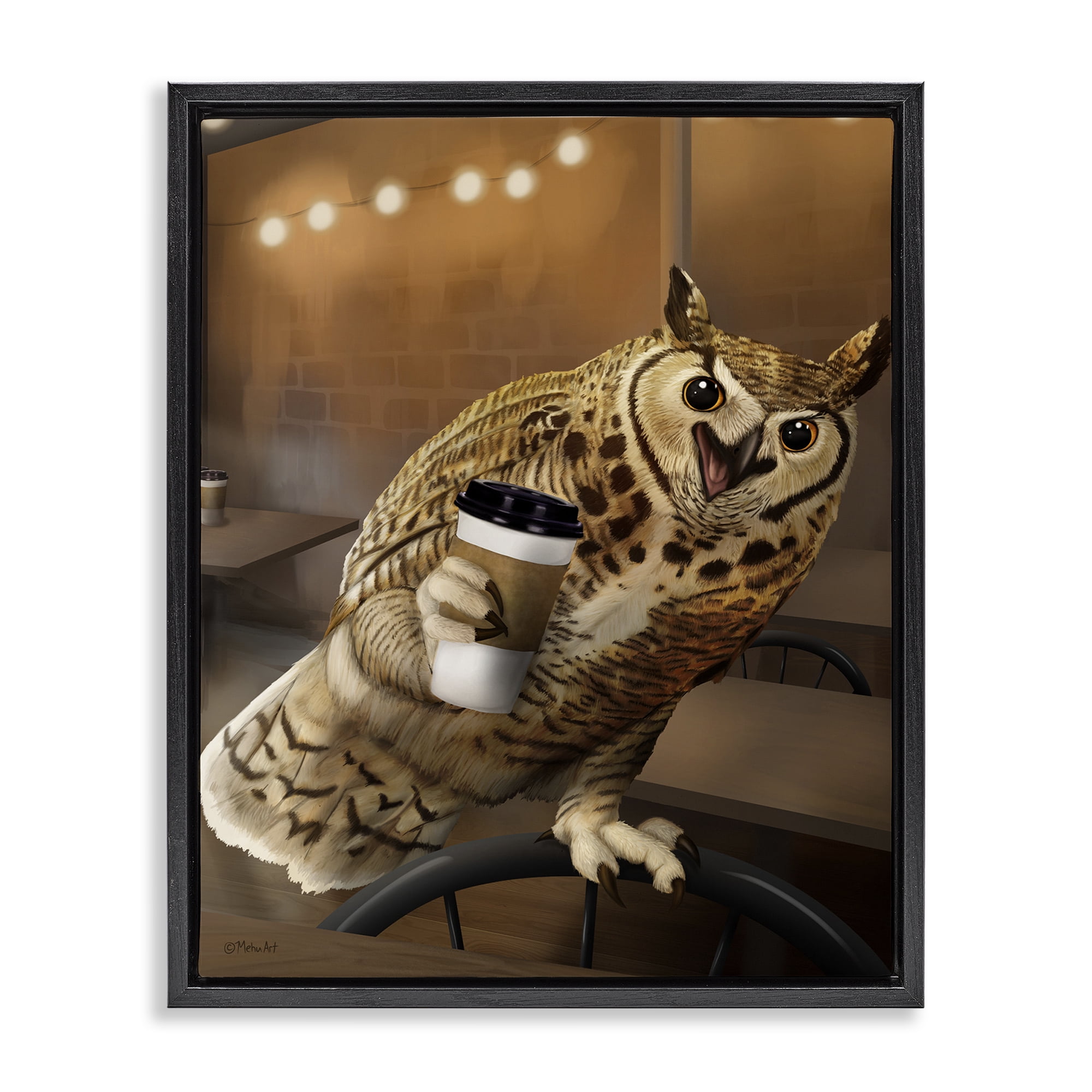 Stupell Industries Owl with Coffee Cup Food & Beverage Painting Black Floater Framed Canvas Art Print Wall Art, 25 x 31