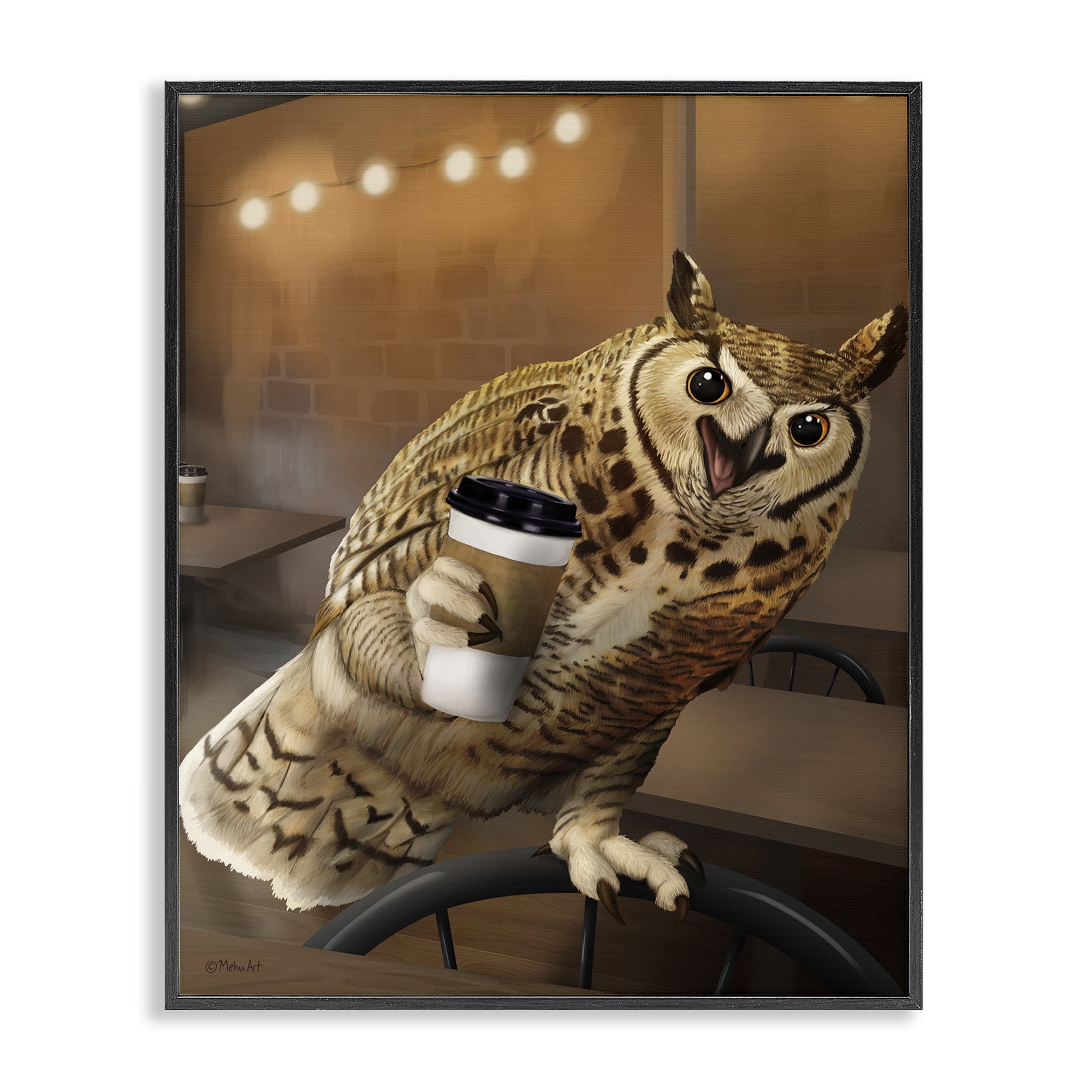 Stupell Industries Owl with Coffee Cup Food & Beverage Painting Black Framed Art Print Wall Art, 16 x 20