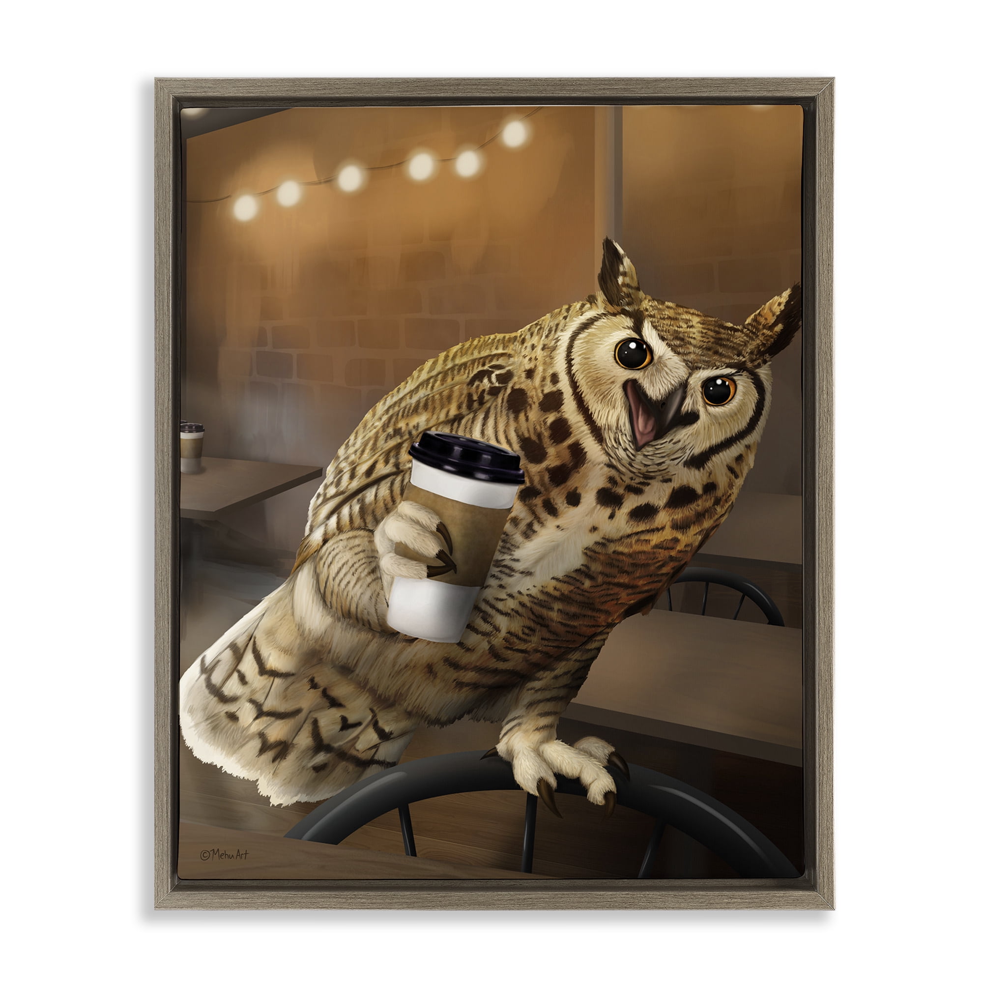 Stupell Industries Owl with Coffee Cup Food & Beverage Painting Brown Floater Framed Canvas Art Print Wall Art, 17 x 21