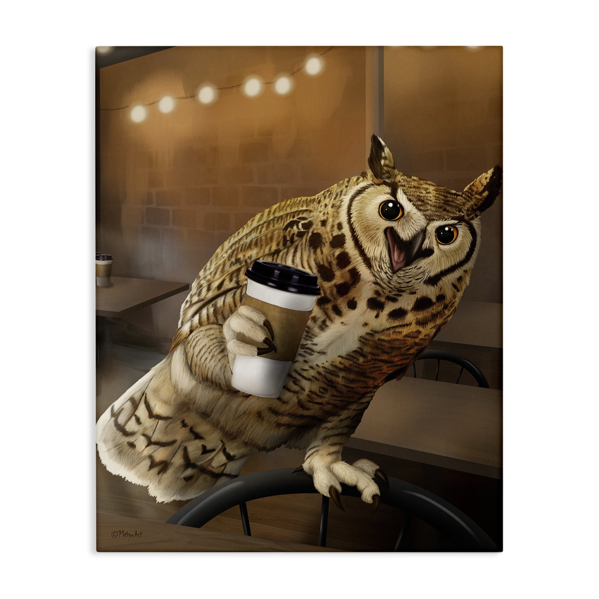 Stupell Industries Owl with Coffee Cup Food & Beverage Painting Gallery Wrapped Canvas Art Print Wall Art, 30 x 40