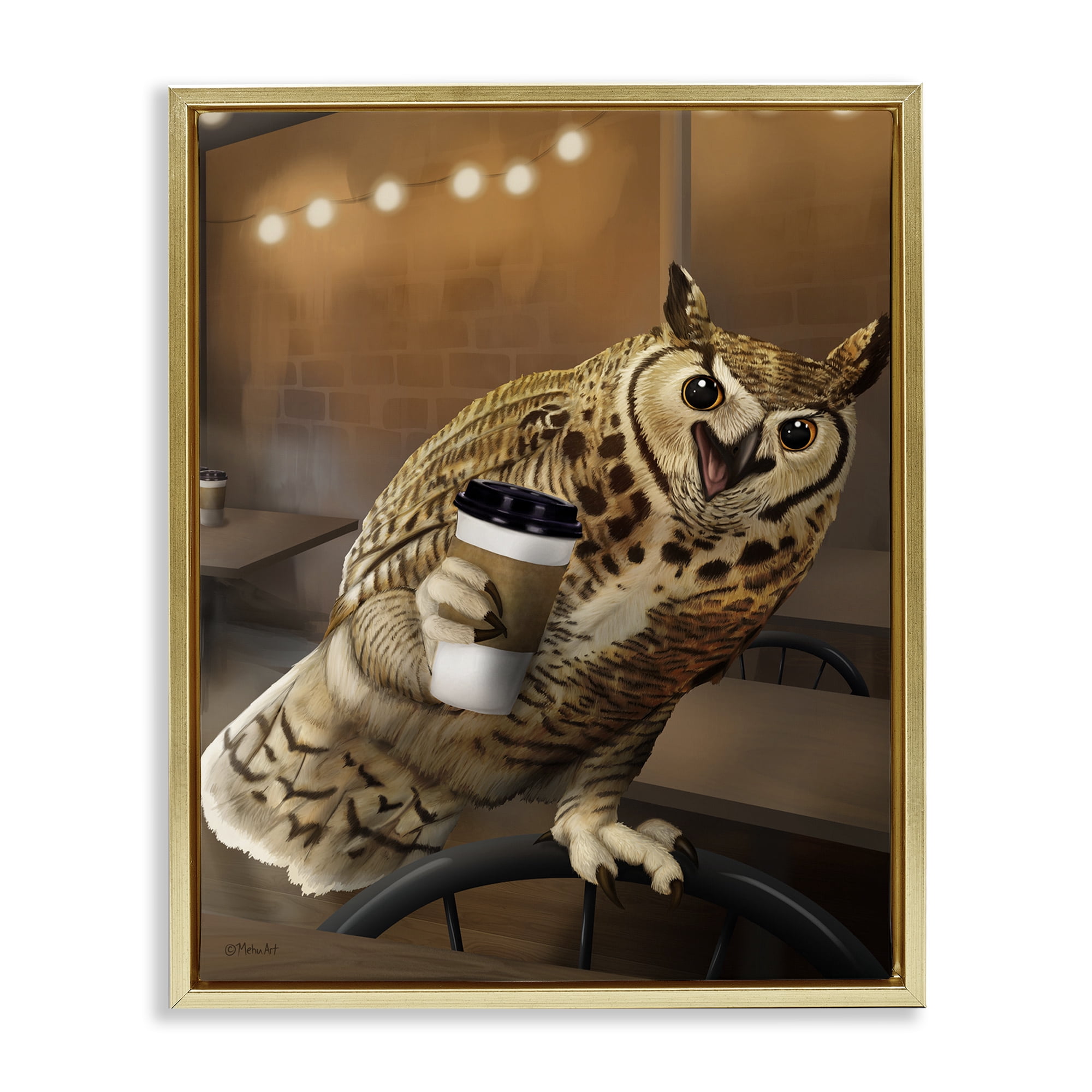 Stupell Industries Owl with Coffee Cup Food & Beverage Painting Gold Floater Framed Canvas Art Print Wall Art, 17 x 21