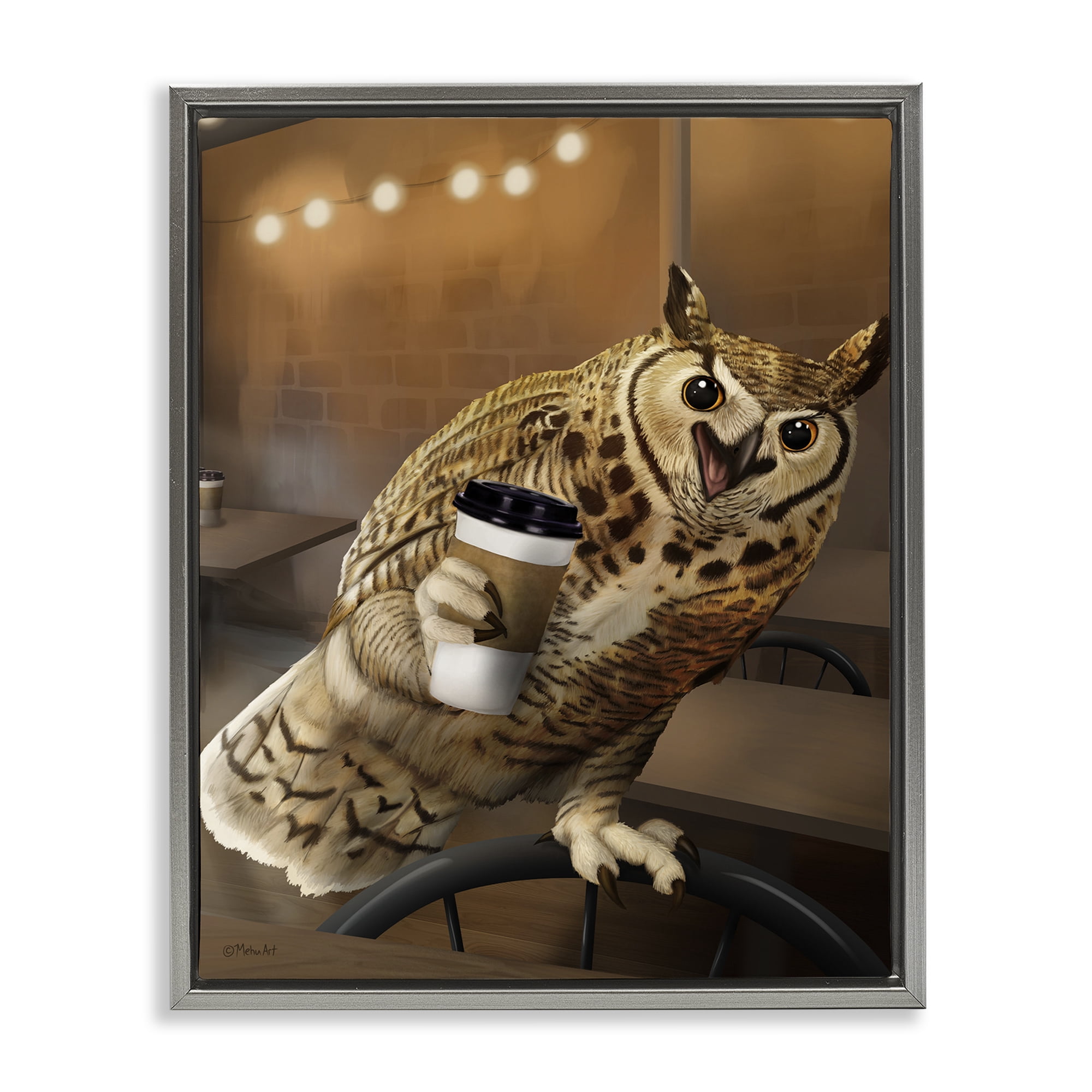 Stupell Industries Owl with Coffee Cup Food & Beverage Painting Gray Floater Framed Canvas Art Print Wall Art, 17 x 21