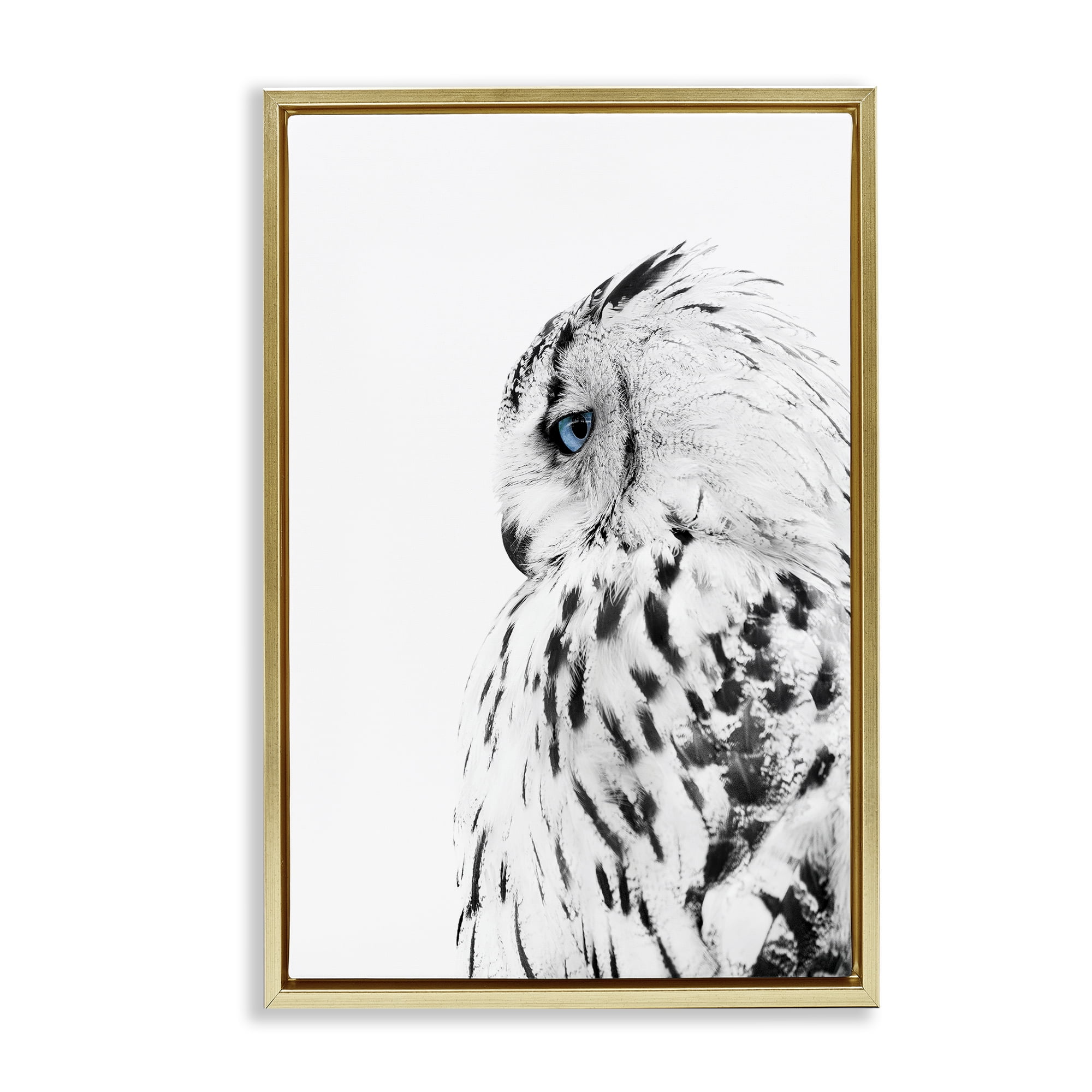 Stupell Industries Owl with Strong Blue Gaze Animals Painting Gold Floater Framed Canvas Art Print Wall Art, 21 x 31