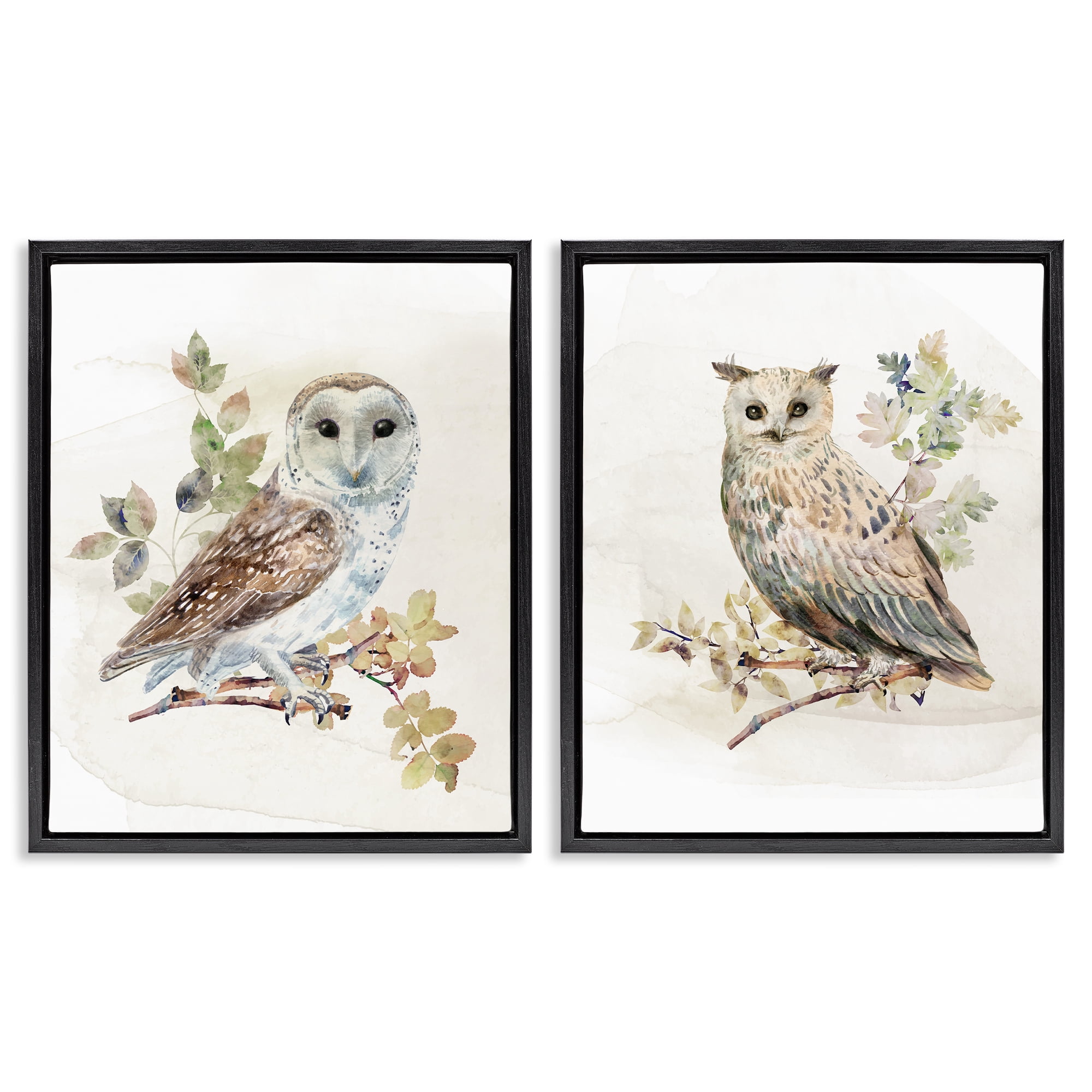 Stupell Industries Owls Perched in Foliage 2 Piece Black Framed Floater Canvas Set, design by CAD Designs