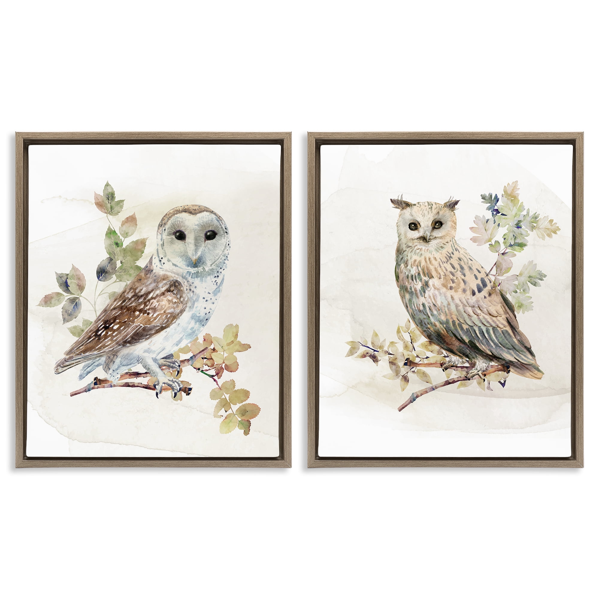 Stupell Industries Owls Perched in Foliage 2 Piece Brown Framed Floater Canvas Set, design by CAD Designs