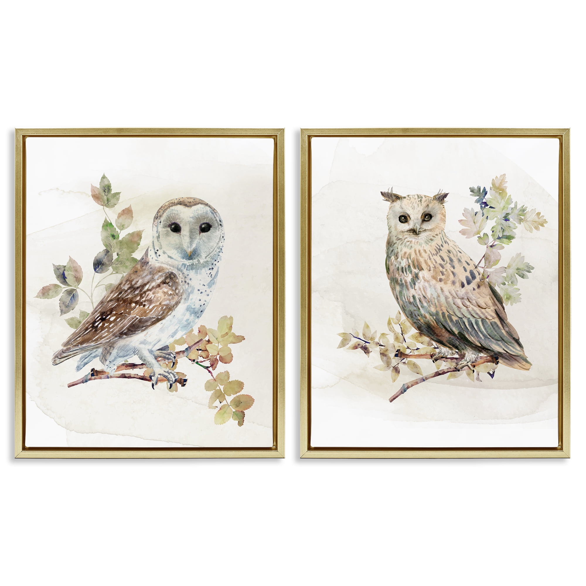 Stupell Industries Owls Perched in Foliage 2 Piece Gold Framed Floater Canvas Set, design by CAD Designs