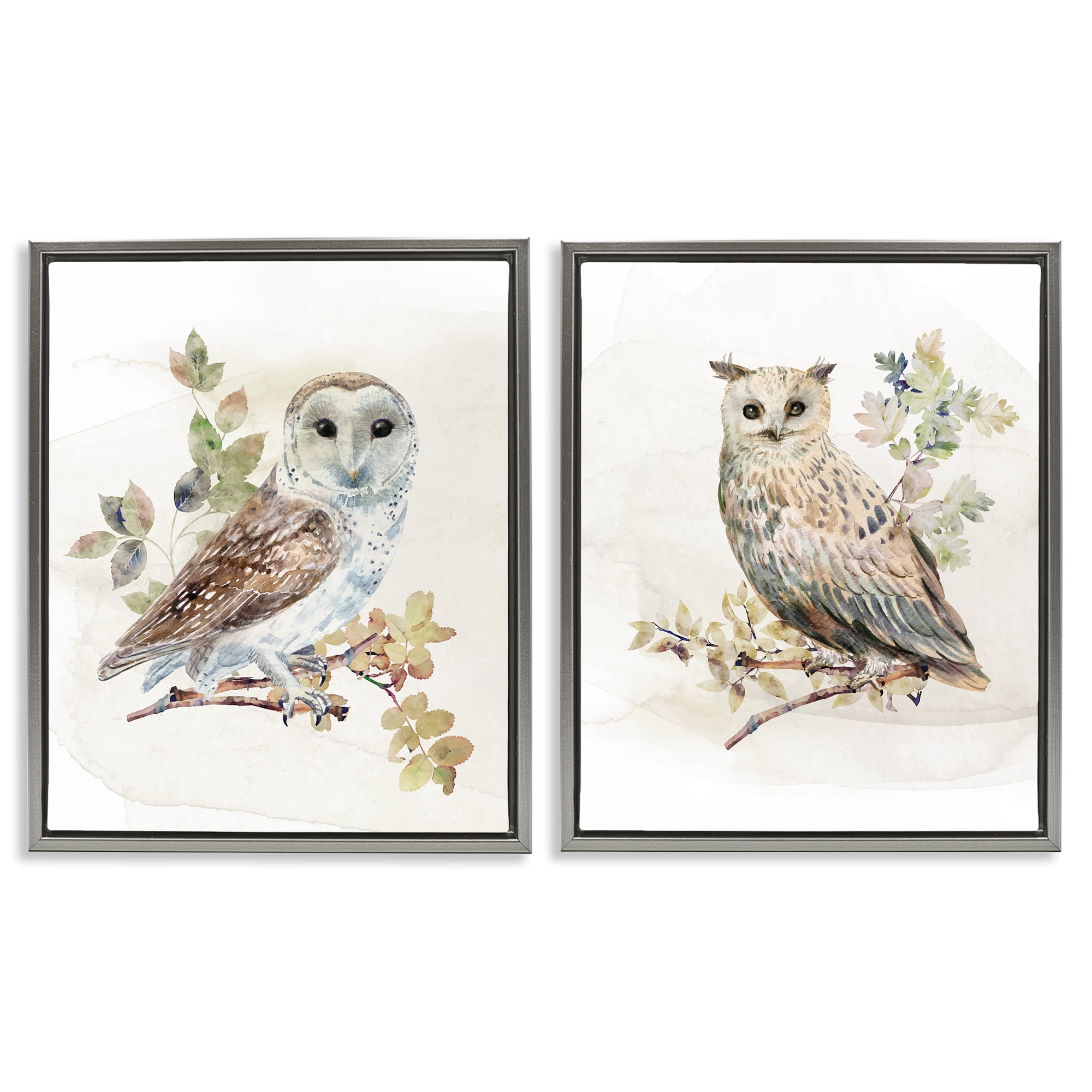 Stupell Industries Owls Perched in Foliage 2 Piece Gray Framed Floater Canvas Set, design by CAD Designs