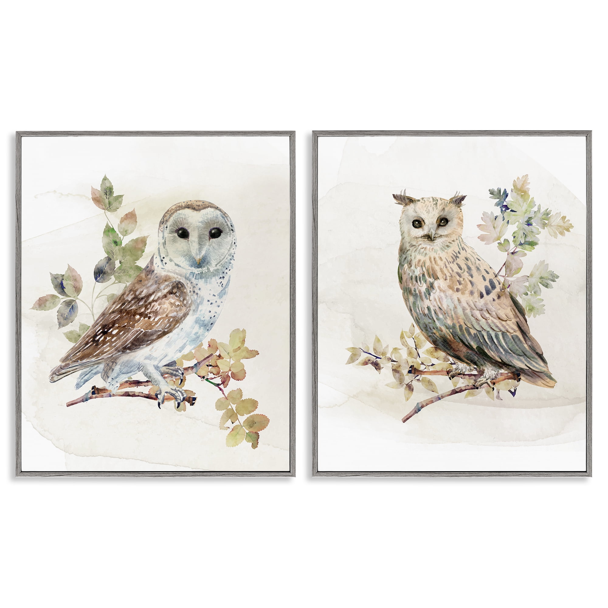 Stupell Industries Owls Perched in Foliage 2 Piece Gray Framed Giclee Art Set, design by CAD Designs