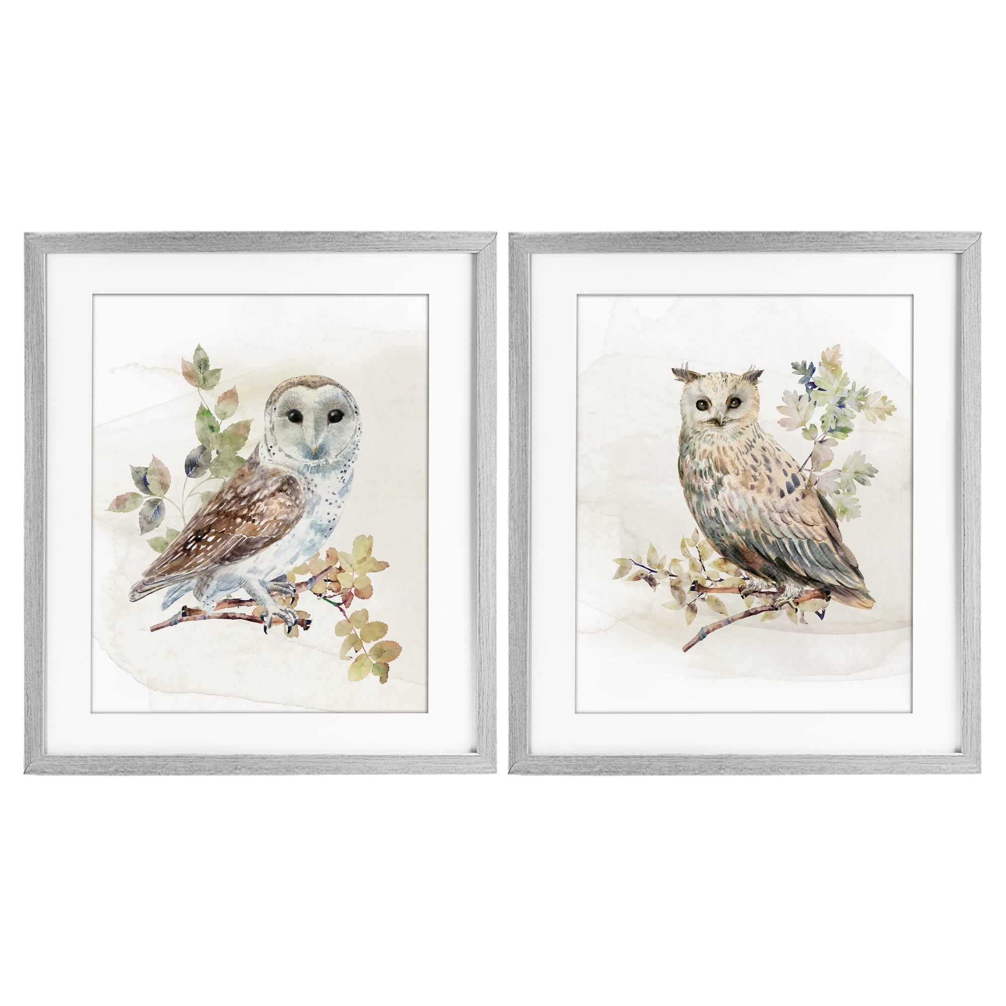 Stupell Industries Owls Perched in Foliage 2 Piece Gray Framed Print Under Glass Set, design by CAD Designs