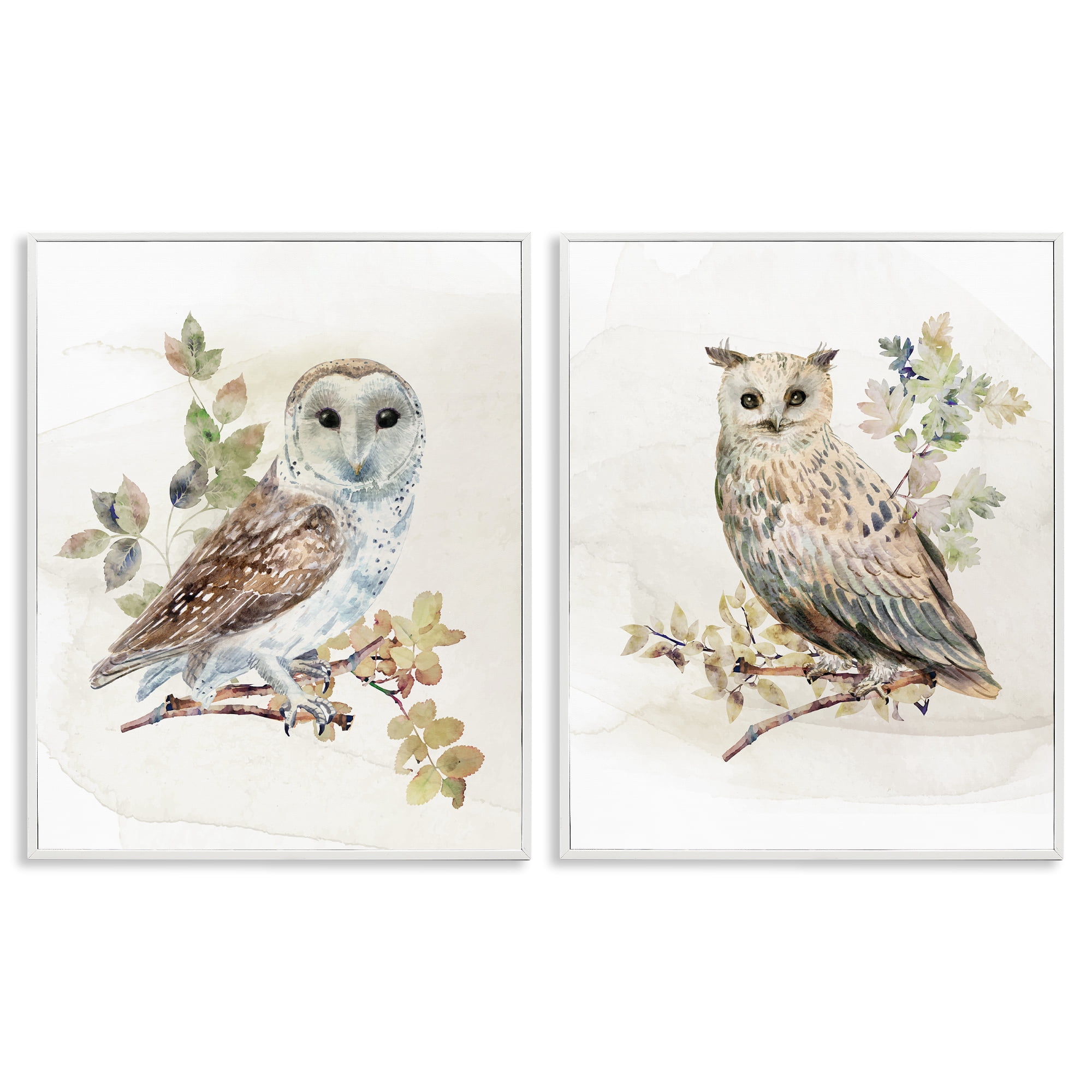 Stupell Industries Owls Perched in Foliage 2 Piece White Framed Giclee Art Set, design by CAD Designs