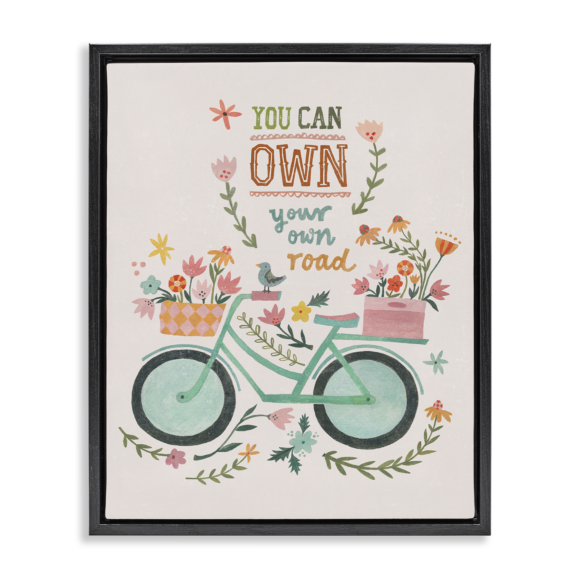 Stupell Industries Own Road Phrase with Bicycle Transportation Painting Black Floater Framed Canvas Art Print Wall Art, 25 x 31