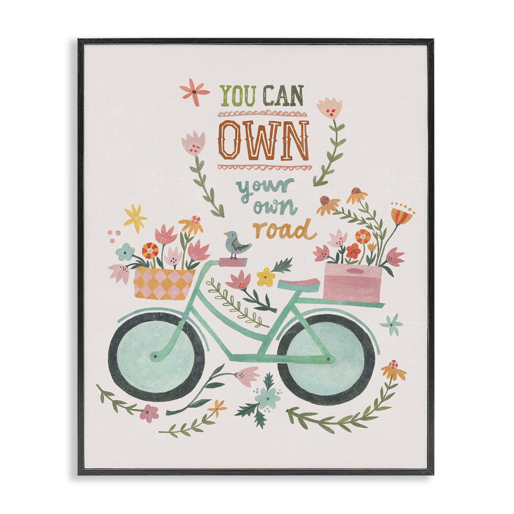 Stupell Industries Own Road Phrase with Bicycle Transportation Painting Black Framed Art Print Wall Art, 24 x 30