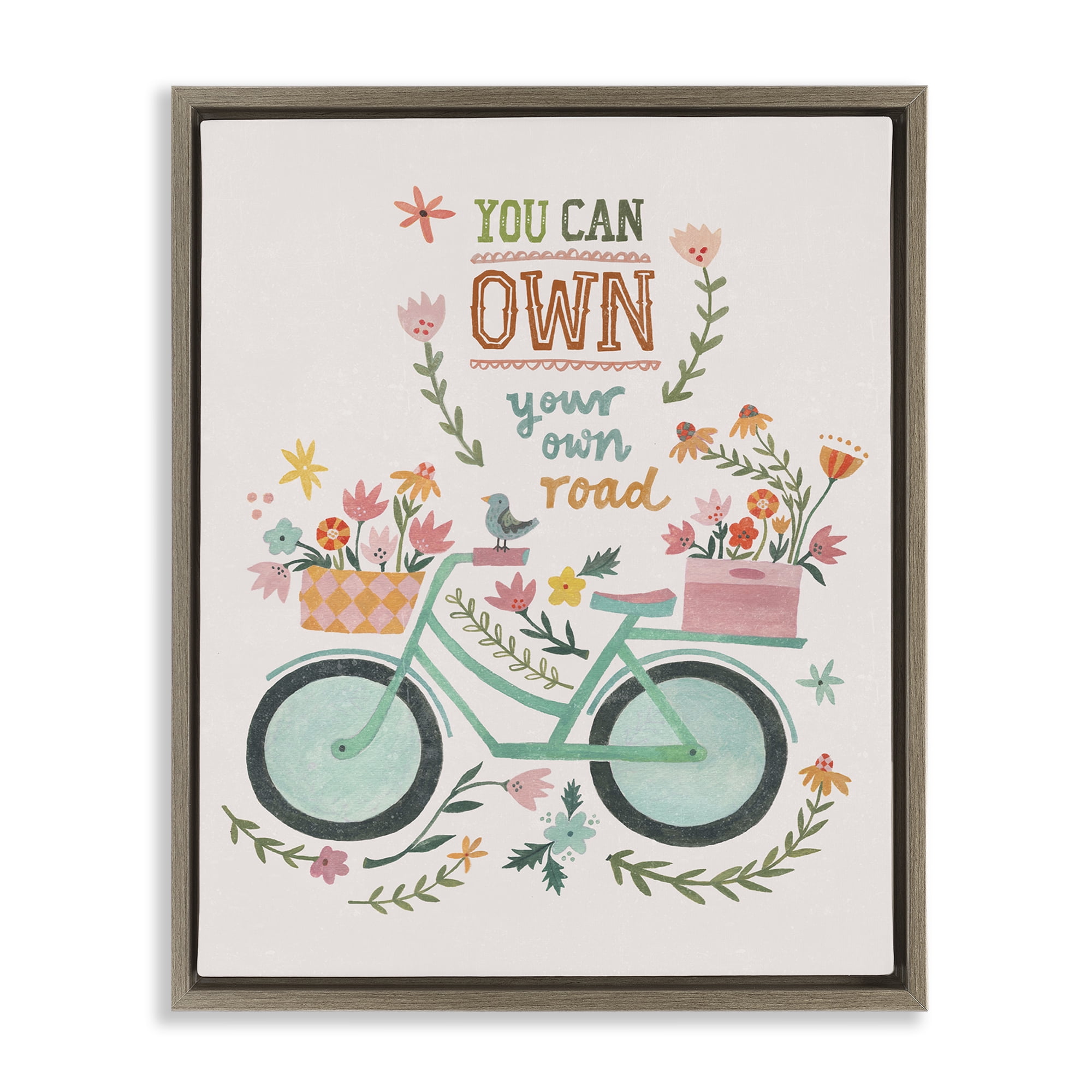 Stupell Industries Own Road Phrase with Bicycle Transportation Painting Brown Floater Framed Canvas Art Print Wall Art, 17 x 21