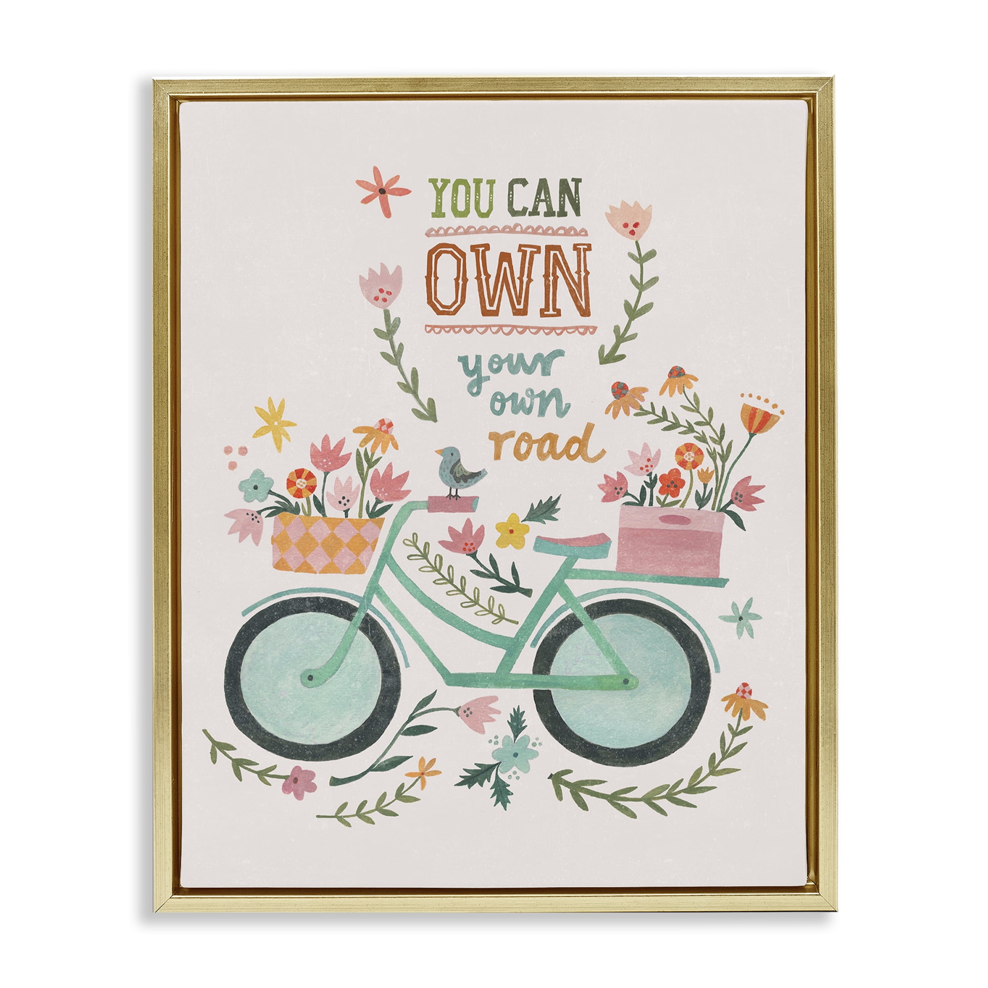 Stupell Industries Own Road Phrase with Bicycle Transportation Painting Gold Floater Framed Canvas Art Print Wall Art, 25 x 31