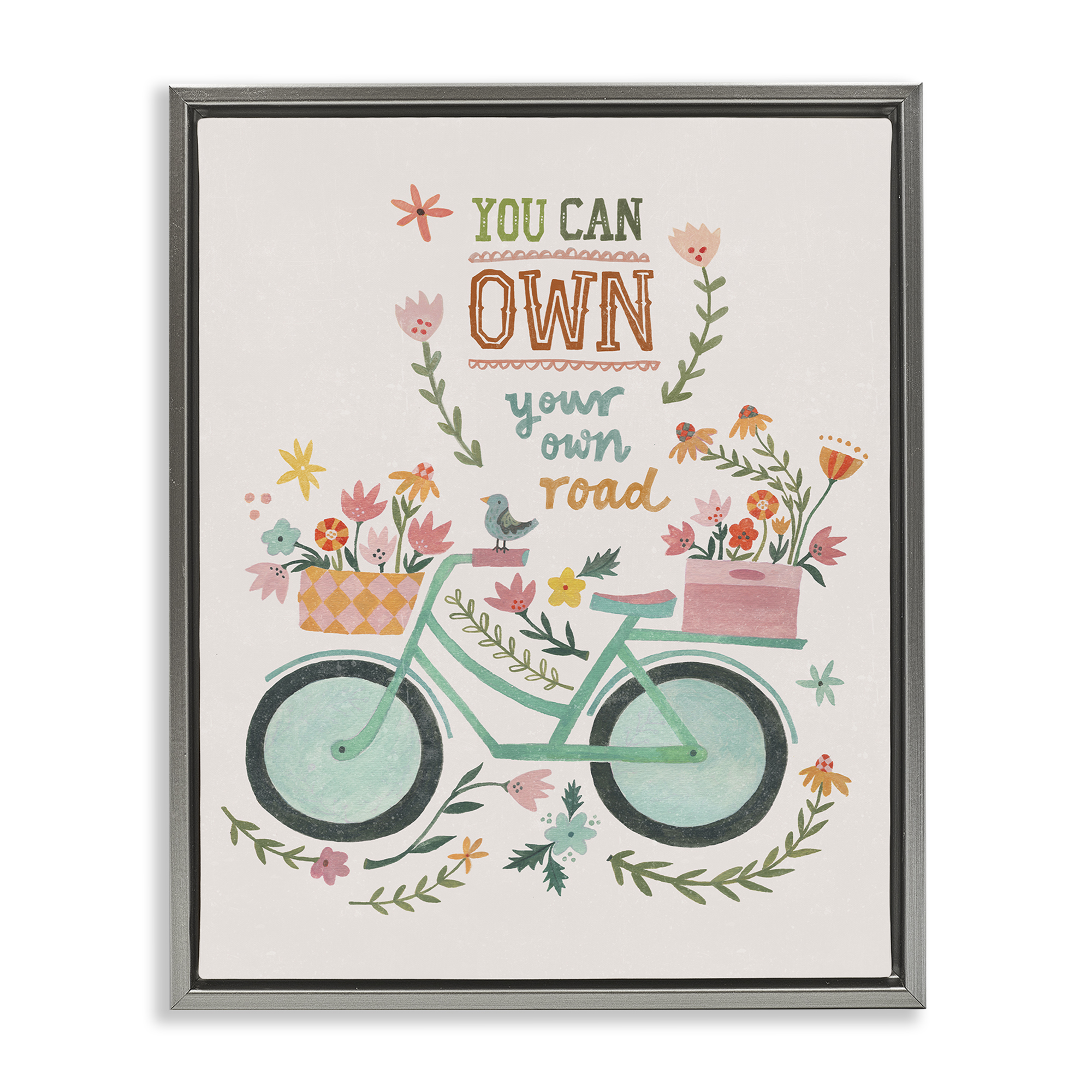 Stupell Industries Own Road Phrase with Bicycle Transportation Painting Gray Floater Framed Canvas Art Print Wall Art, 25 x 31