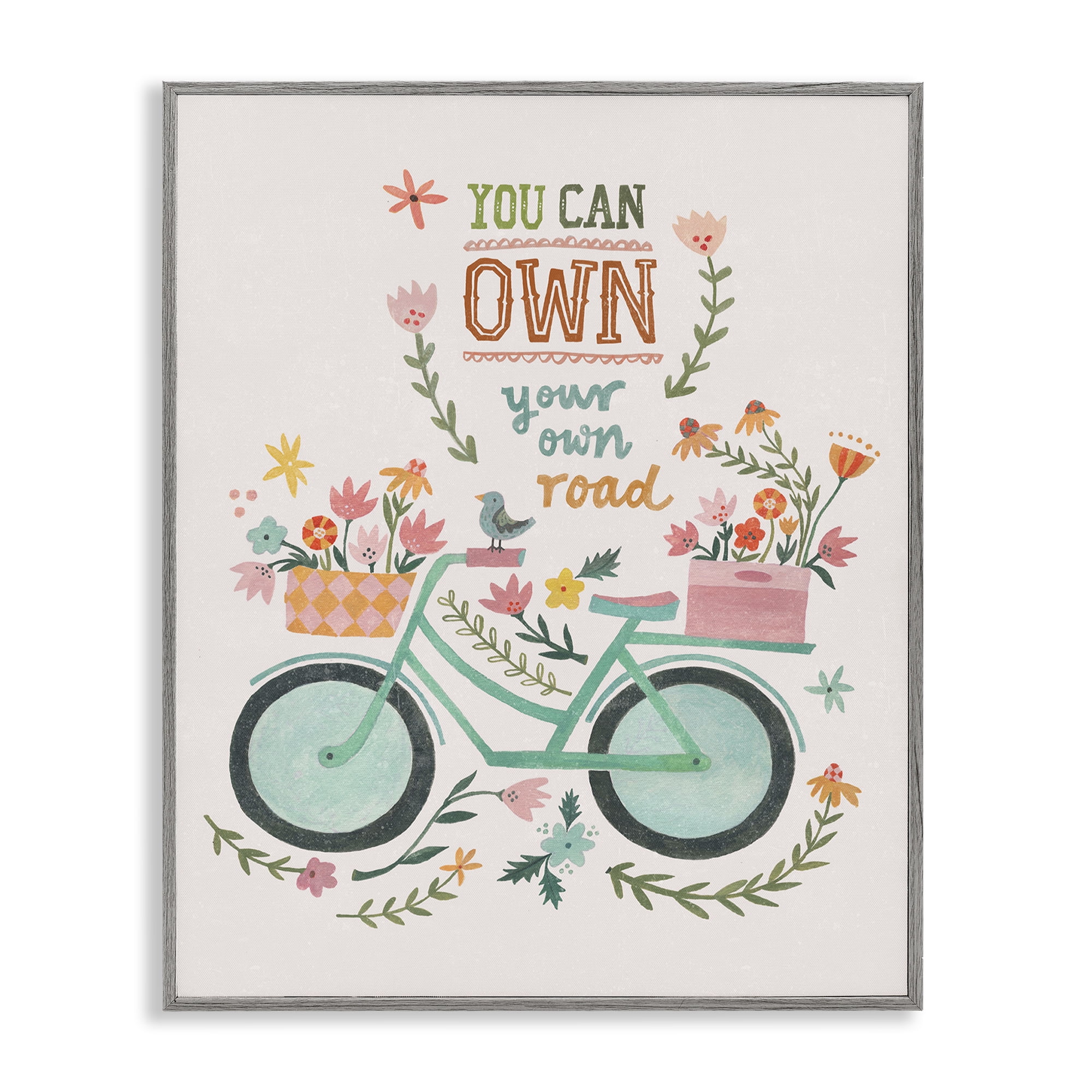 Stupell Industries Own Road Phrase with Bicycle Transportation Painting Gray Framed Art Print Wall Art, 11 x 14