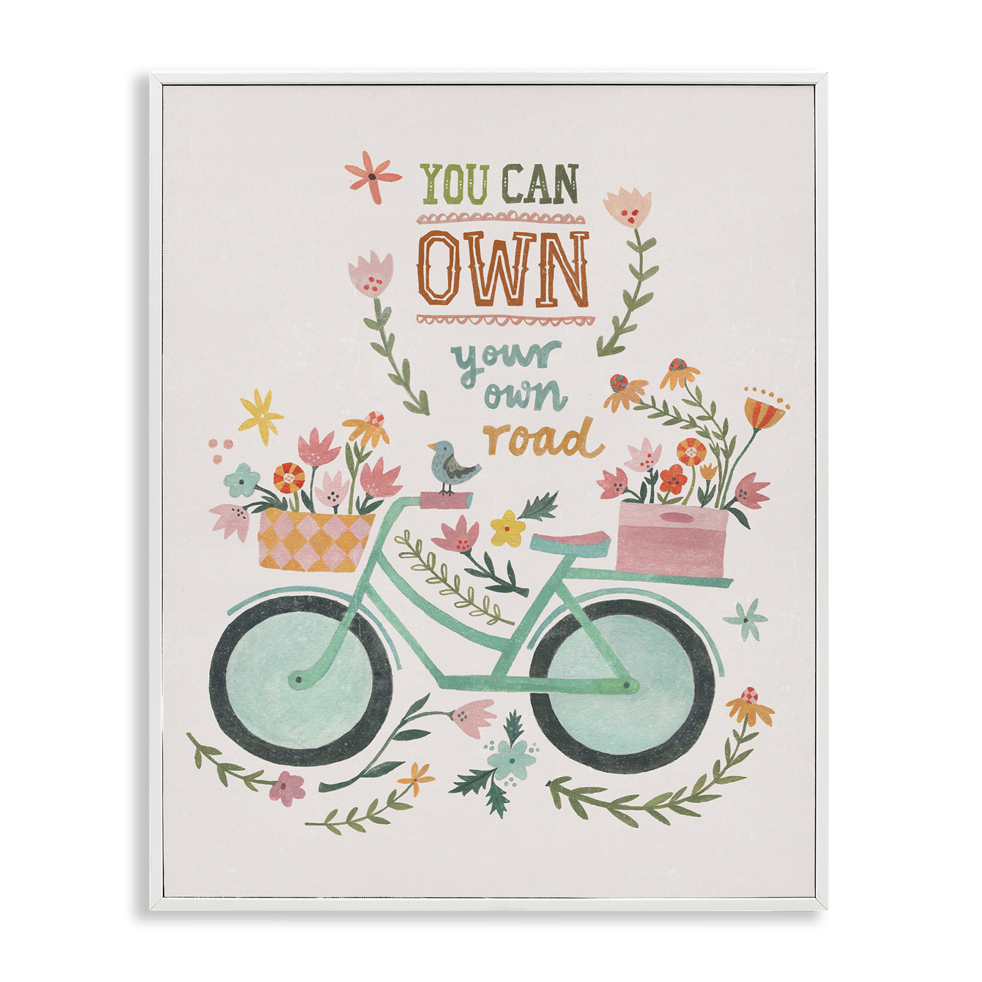 Stupell Industries Own Road Phrase with Bicycle Transportation Painting White Framed Art Print Wall Art, 24 x 30