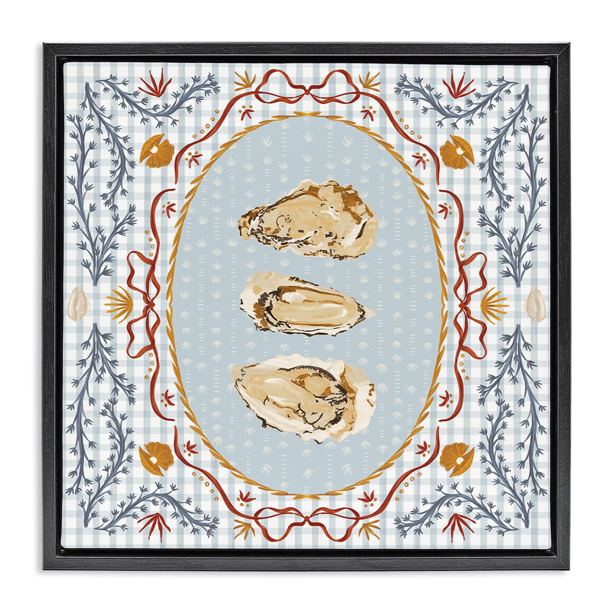Stupell Industries Oyster Trio on Blue Gingham Black Framed Floater Canvas Wall Art, design by Vero Illustrates