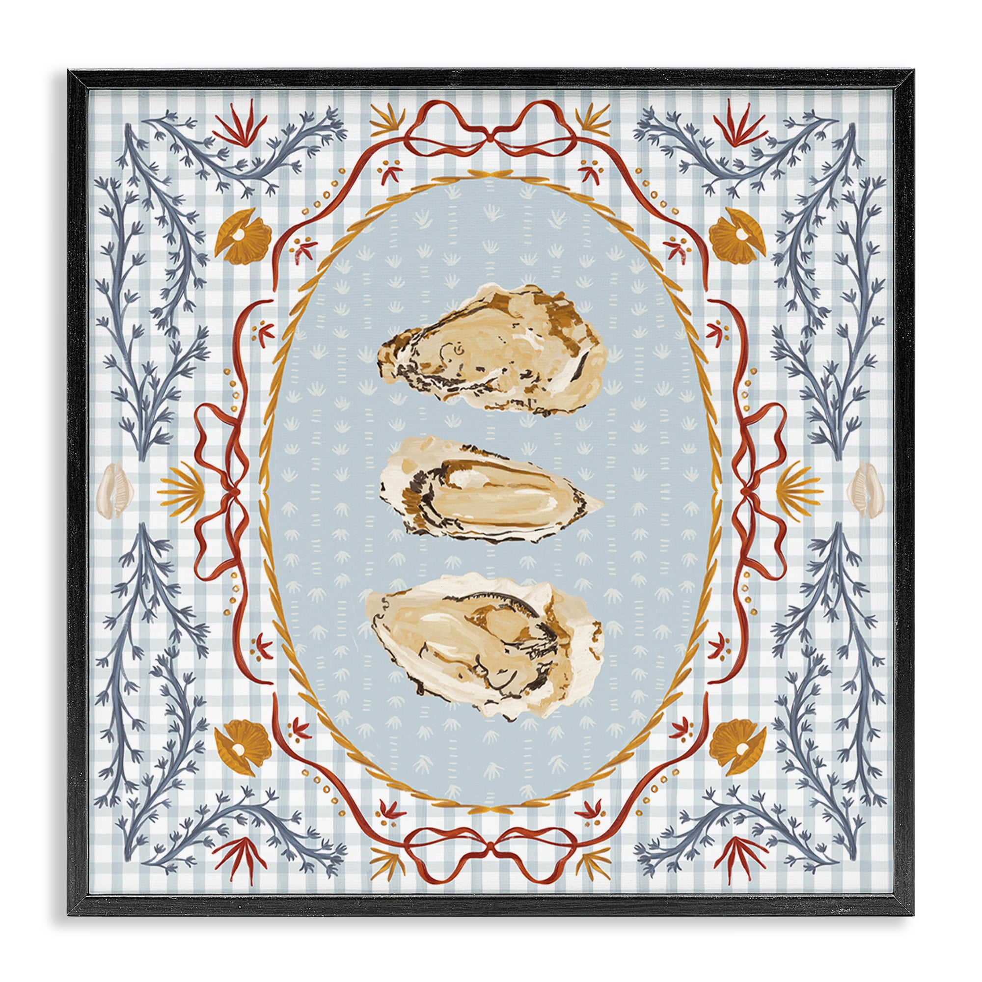 Stupell Industries Oyster Trio on Blue Gingham Black Framed Giclee Art, design by Vero Illustrates