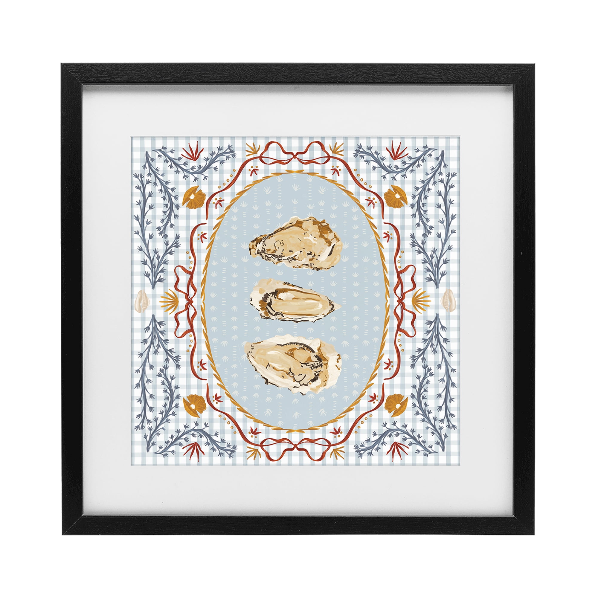 Stupell Industries Oyster Trio on Blue Gingham Black Framed Print Under Glass, design by Vero Illustrates