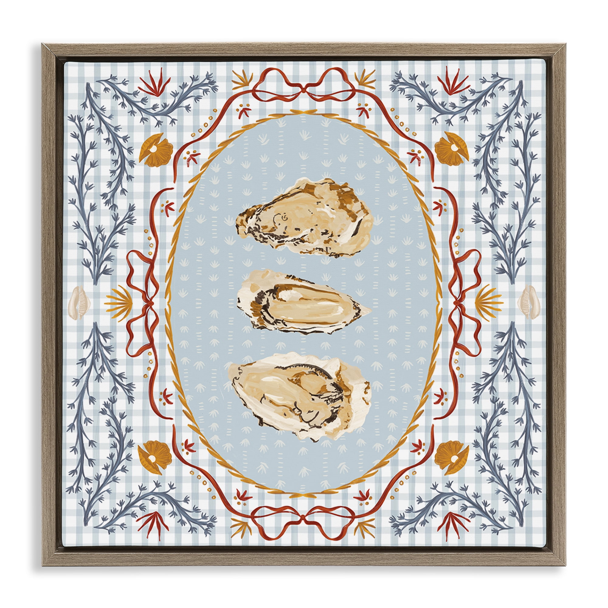 Stupell Industries Oyster Trio on Blue Gingham Brown Framed Floater Canvas Wall Art, design by Vero Illustrates