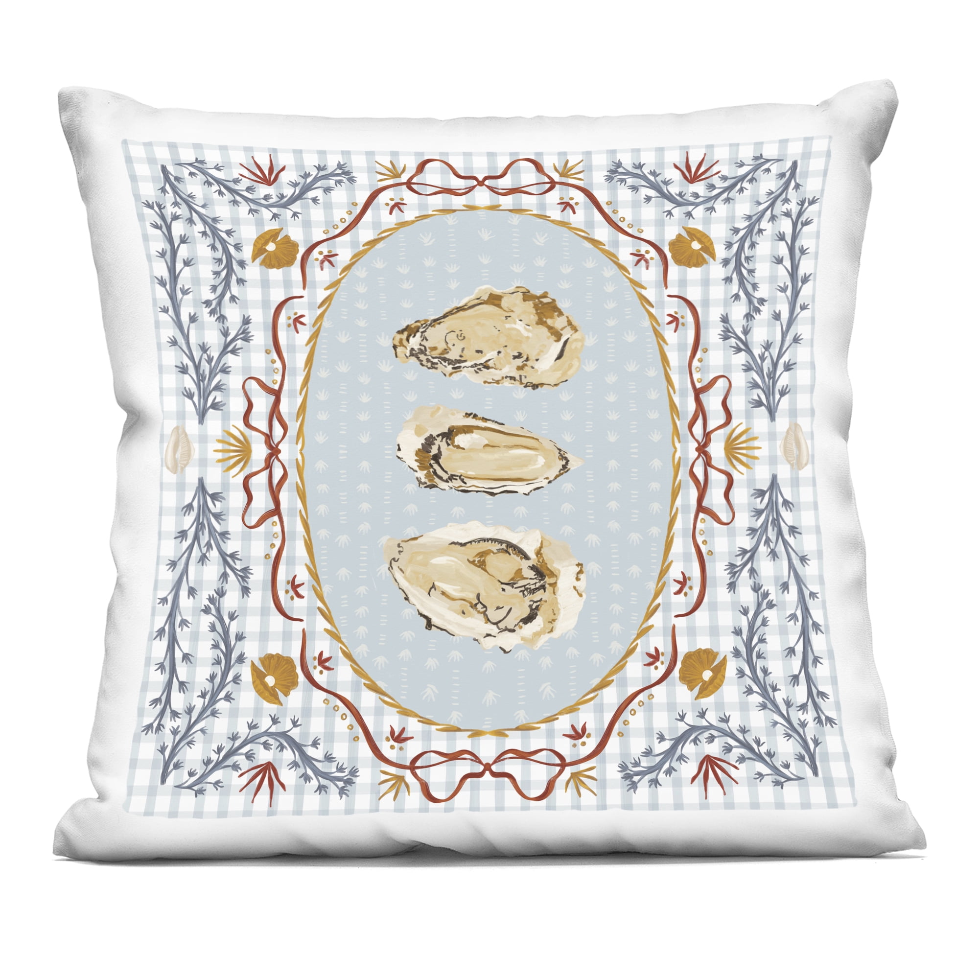 Stupell Industries Oyster Trio on Blue Gingham Decorative Printed Throw Pillow, design by Vero Illustrates, 18 x 7 x 18