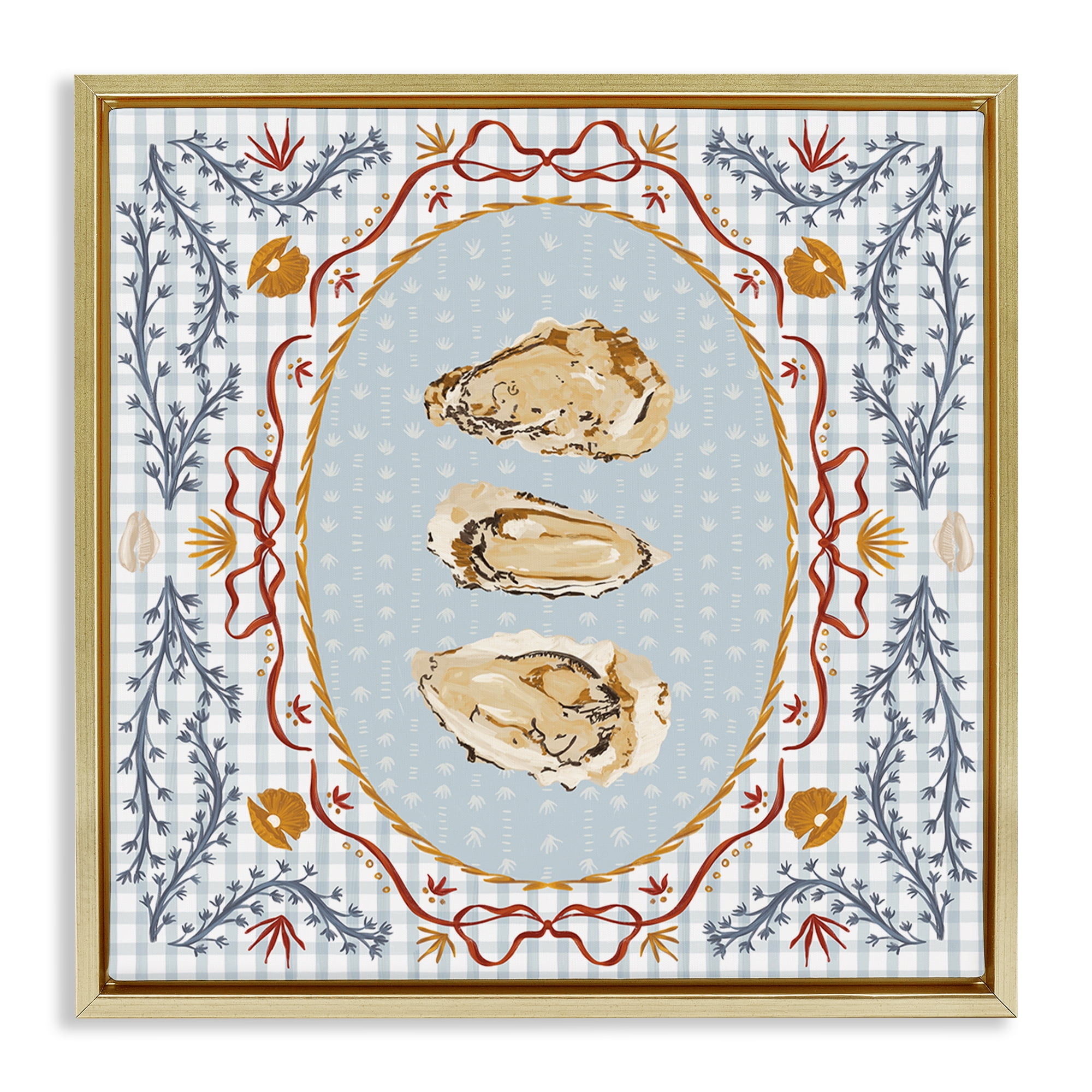 Stupell Industries Oyster Trio on Blue Gingham Gold Framed Floater Canvas Wall Art, design by Vero Illustrates