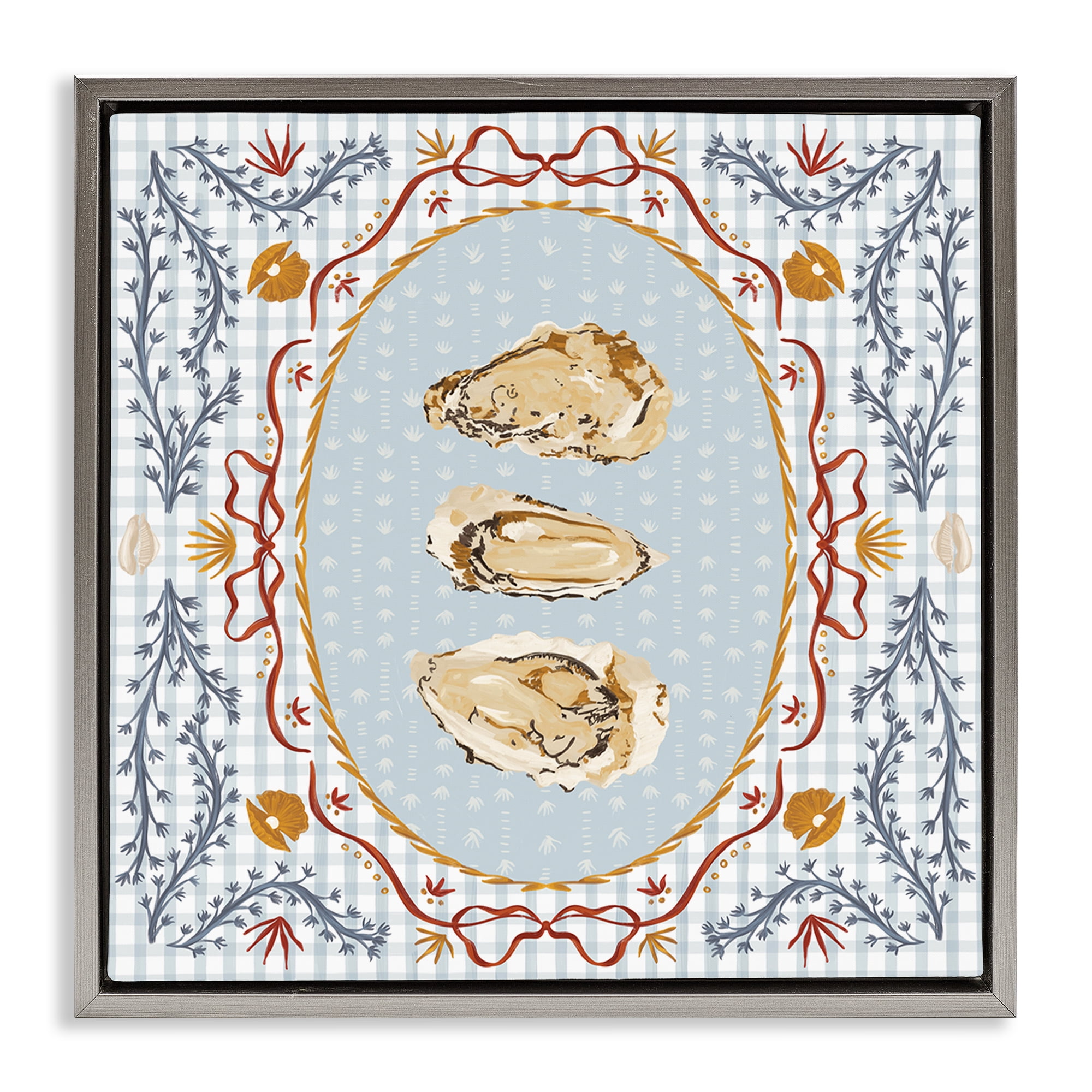 Stupell Industries Oyster Trio on Blue Gingham Gray Framed Floater Canvas Wall Art, design by Vero Illustrates