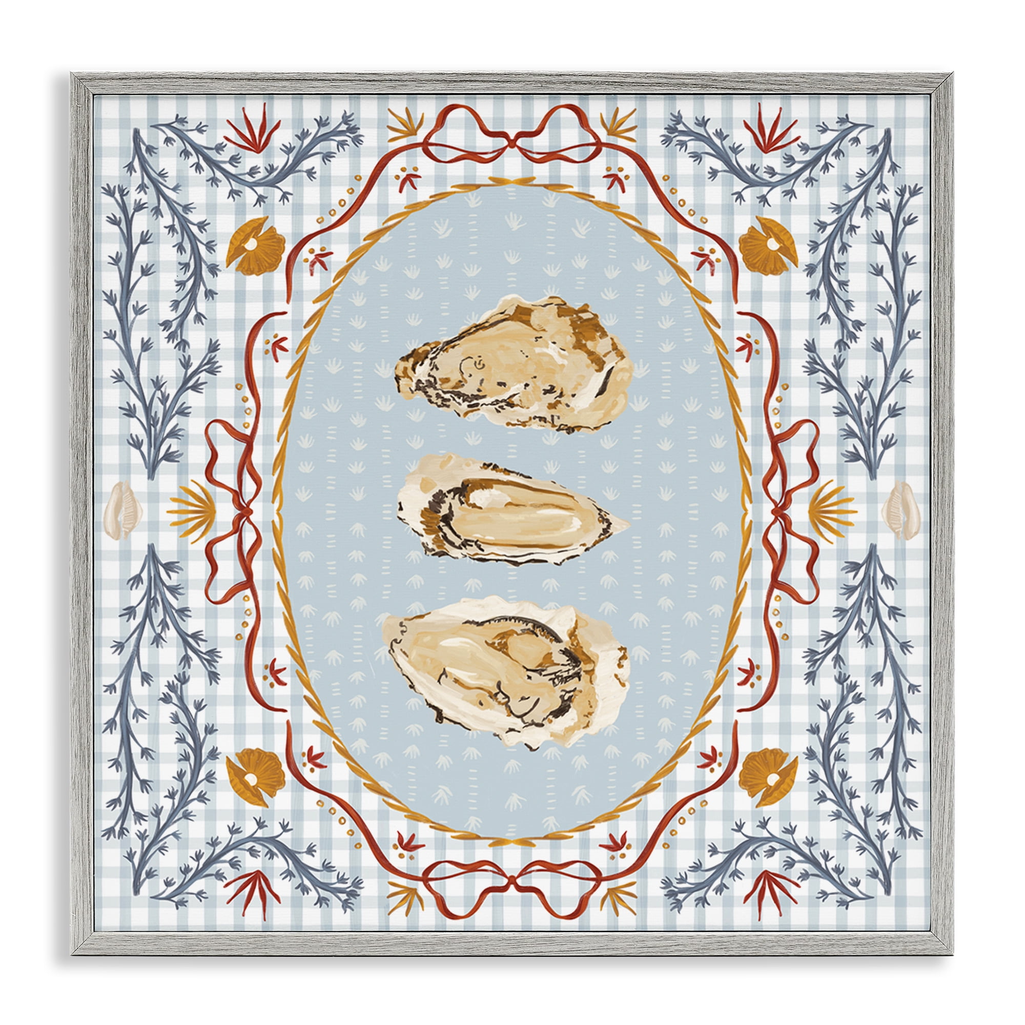 Stupell Industries Oyster Trio on Blue Gingham Gray Framed Giclee Art, design by Vero Illustrates