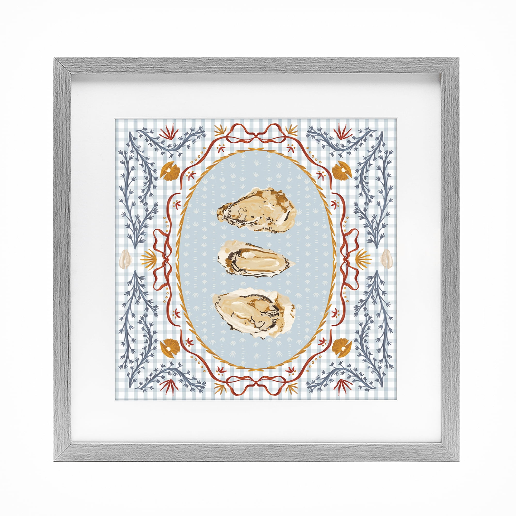 Stupell Industries Oyster Trio on Blue Gingham Gray Framed Print Under Glass, design by Vero Illustrates