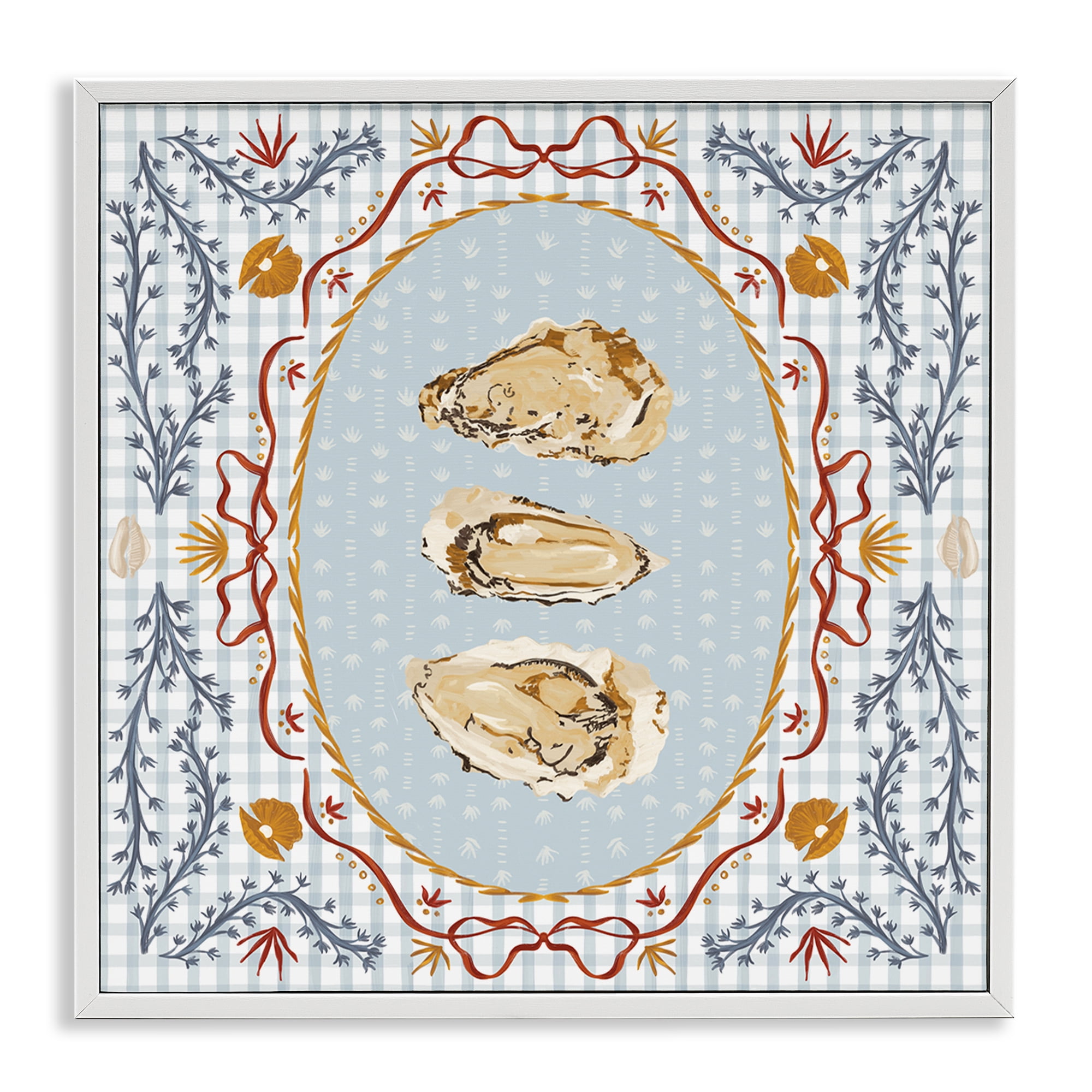 Stupell Industries Oyster Trio on Blue Gingham White Framed Giclee Art, design by Vero Illustrates
