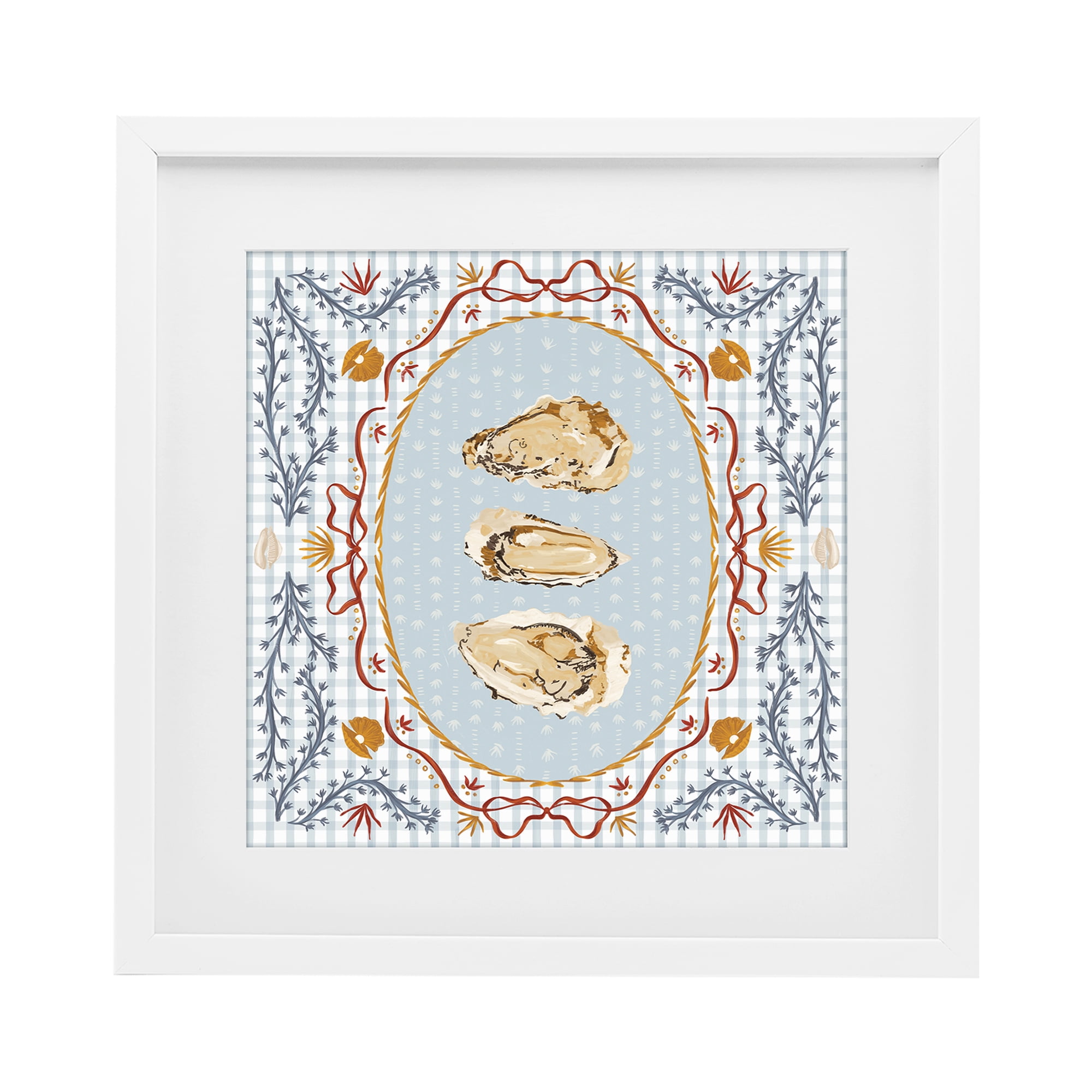 Stupell Industries Oyster Trio on Blue Gingham White Framed Print Under Glass, design by Vero Illustrates