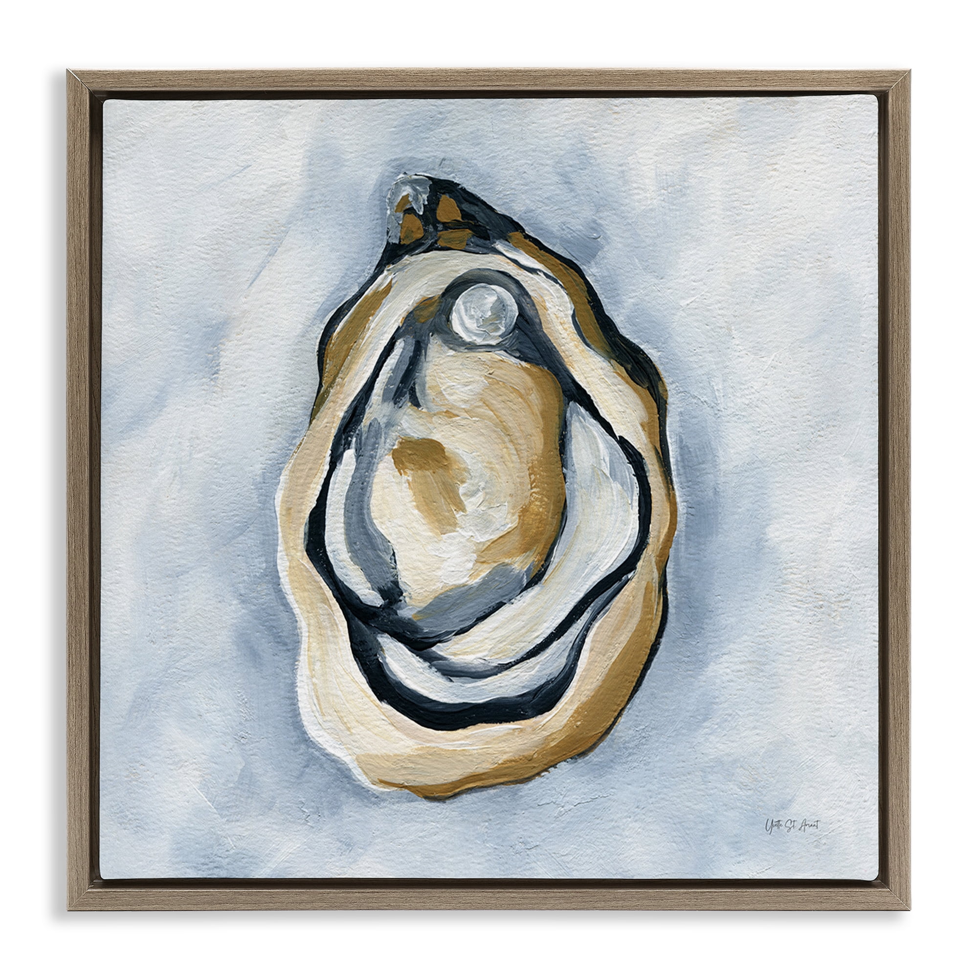 Stupell Industries Oyster with Pearl Coastal Painting Brown Floater Framed Canvas Art Print Wall Art, 18 x 18