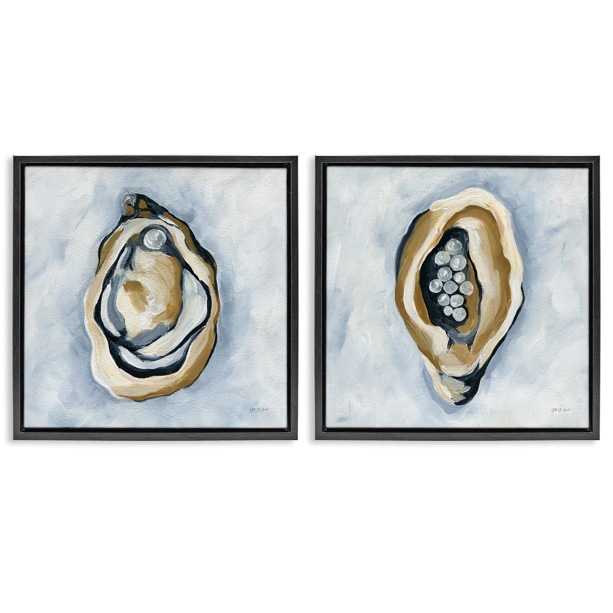 Stupell Industries Oyster with Pearls Nautical & Beach Painting Black Floater Framed Canvas Art Print Wall Art, 18 x 18, Set of 2