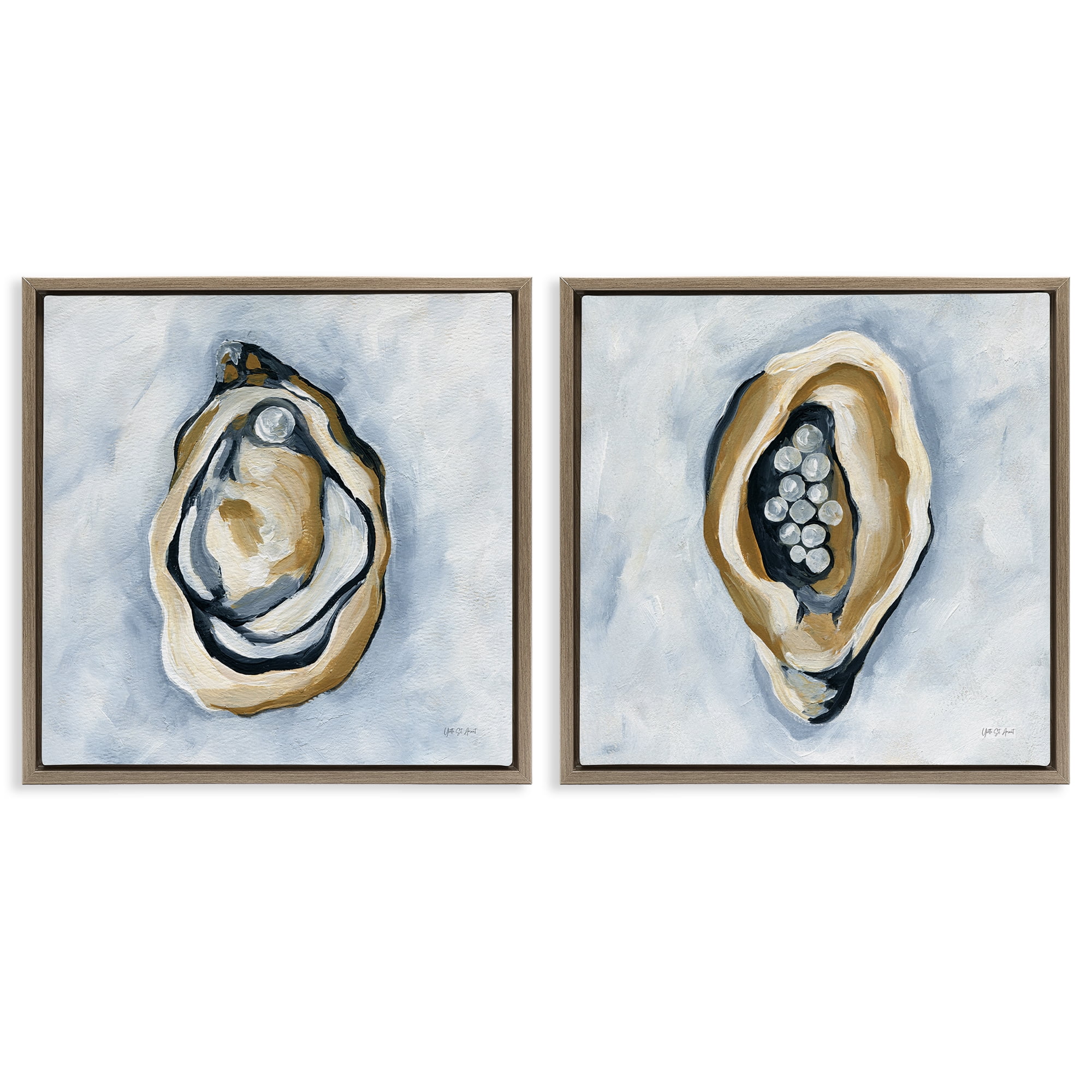 Stupell Industries Oyster with Pearls Nautical & Beach Painting Brown Floater Framed Canvas Art Print Wall Art, 18 x 18, Set of 2