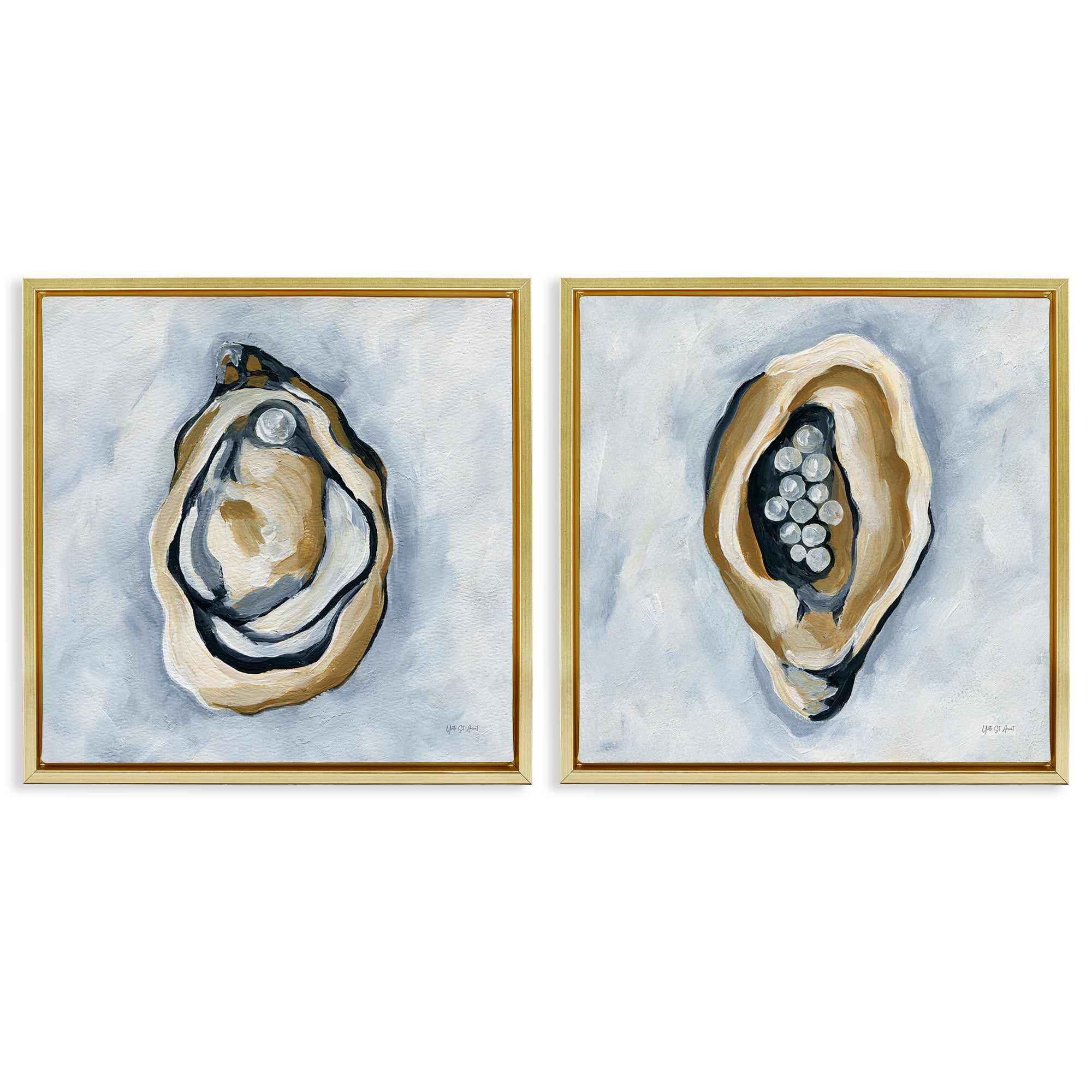 Stupell Industries Oyster with Pearls Nautical & Beach Painting Gold Floater Framed Canvas Art Print Wall Art, 18 x 18, Set of 2