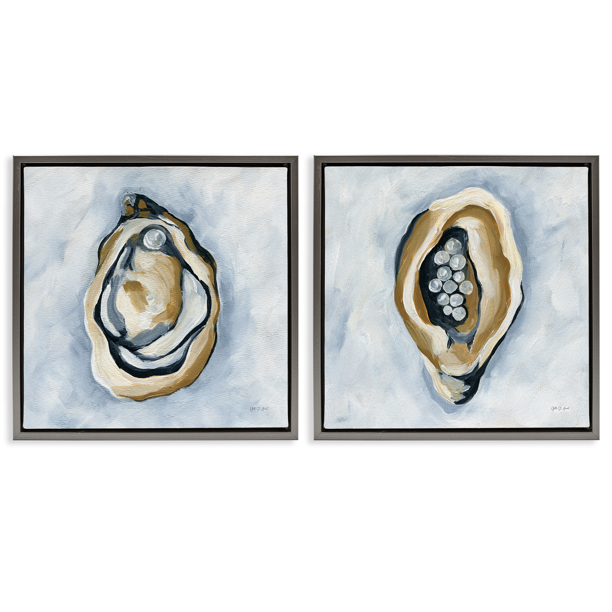 Stupell Industries Oyster with Pearls Nautical & Beach Painting Gray Floater Framed Canvas Art Print Wall Art, 18 x 18, Set of 2