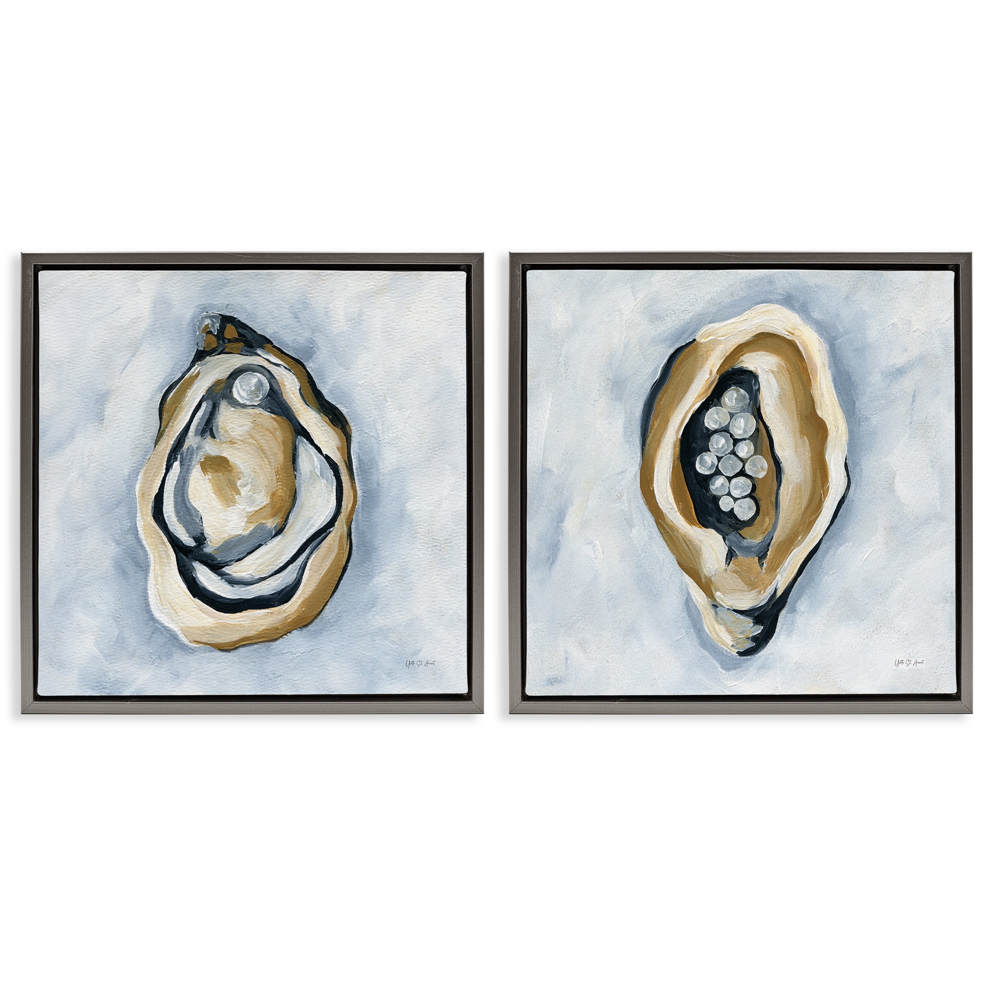Stupell Industries Oyster with Pearls Nautical & Beach Painting Gray Floater Framed Canvas Art Print Wall Art, 25 x 25, Set of 2