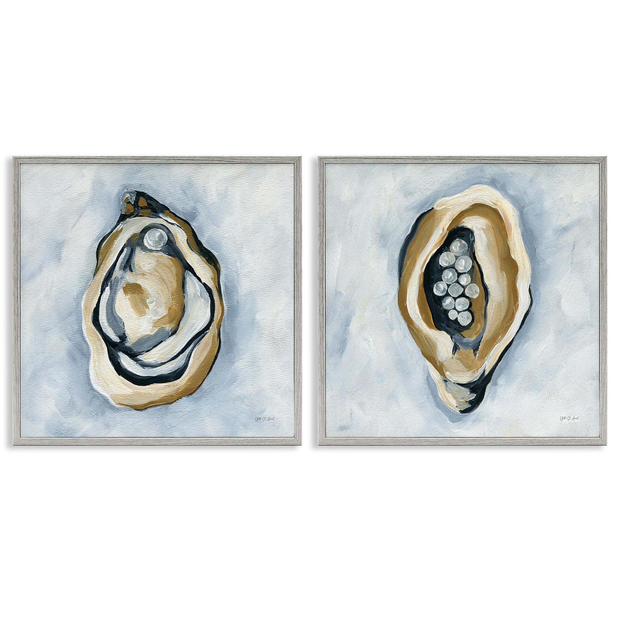 Stupell Industries Oyster with Pearls Nautical & Beach Painting Gray Framed Art Print Wall Art, 24 x 24, Set of 2